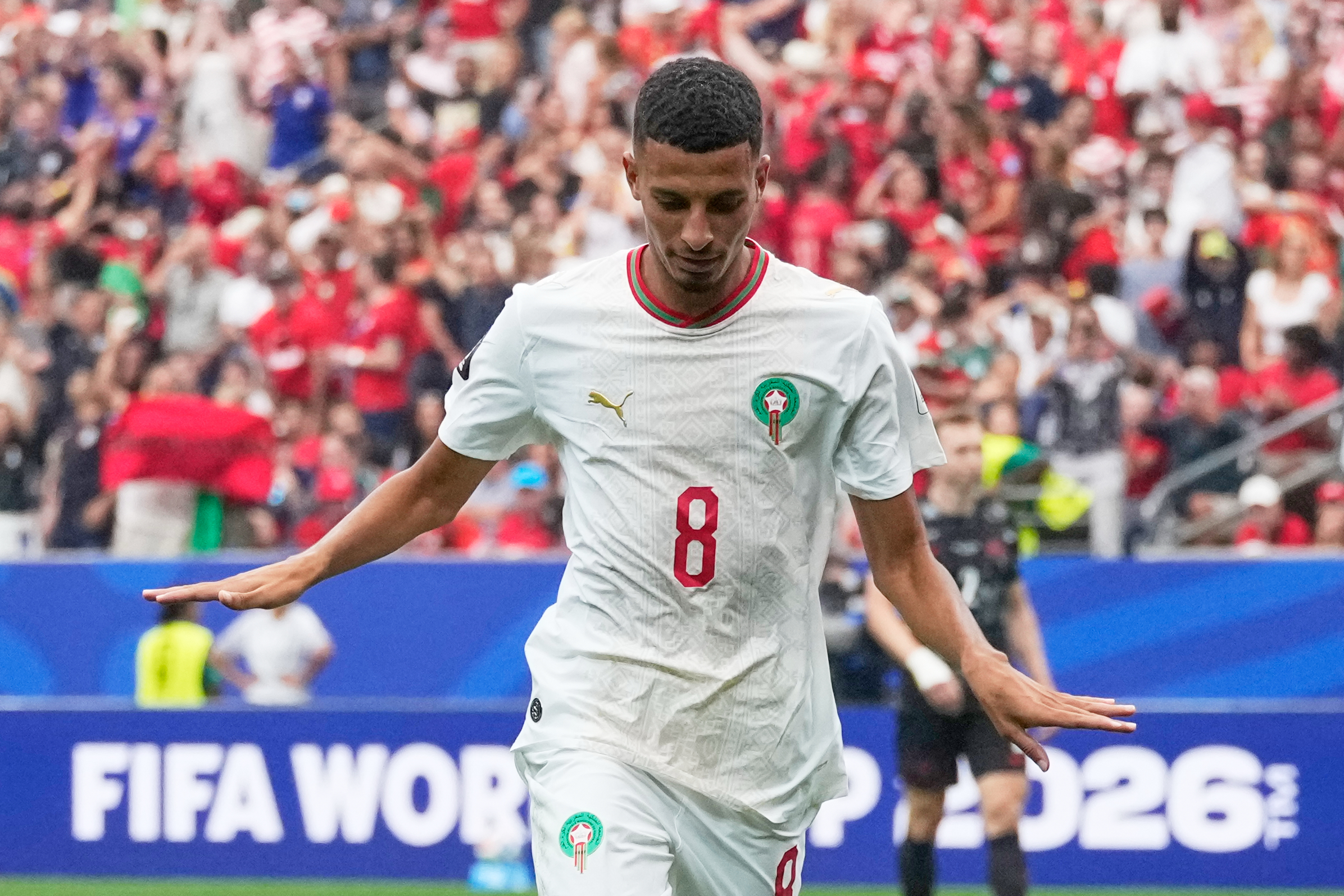 Morocco's Azzedine Ounahi celebrates after scoring his side's second goal against Canada during the World Cup round of 16 soccer match in Houston, Saturday, July 4, 2026. 