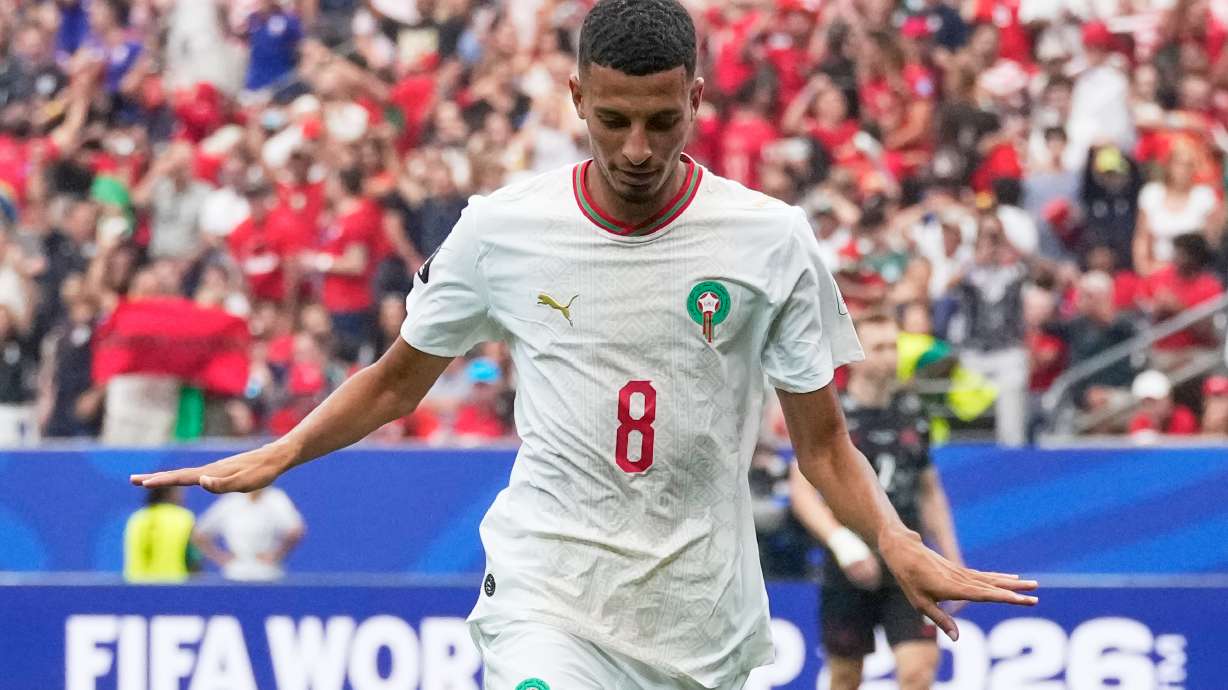 Morocco's Azzedine Ounahi celebrates after scoring his side's second goal against Canada during the World Cup round of 16 soccer match in Houston, Saturday, July 4, 2026.