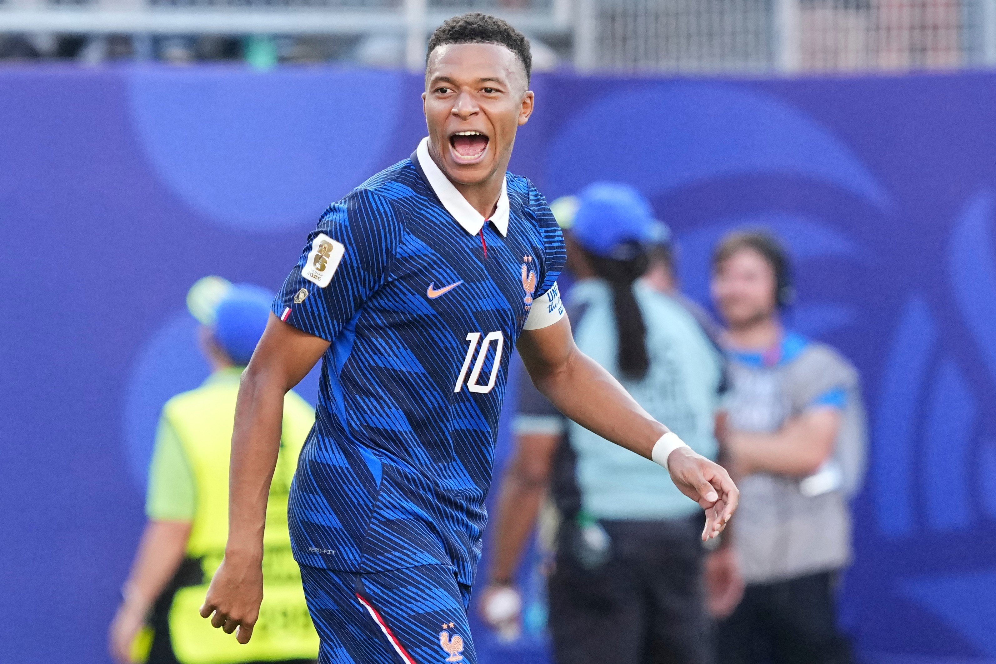 France's Kylian Mbappe (10) celebrates after scoring from a penalty kick the opening goal during the World Cup round of 16 soccer match between Paraguay and France in Philadelphia, Saturday, July 4, 2026. 