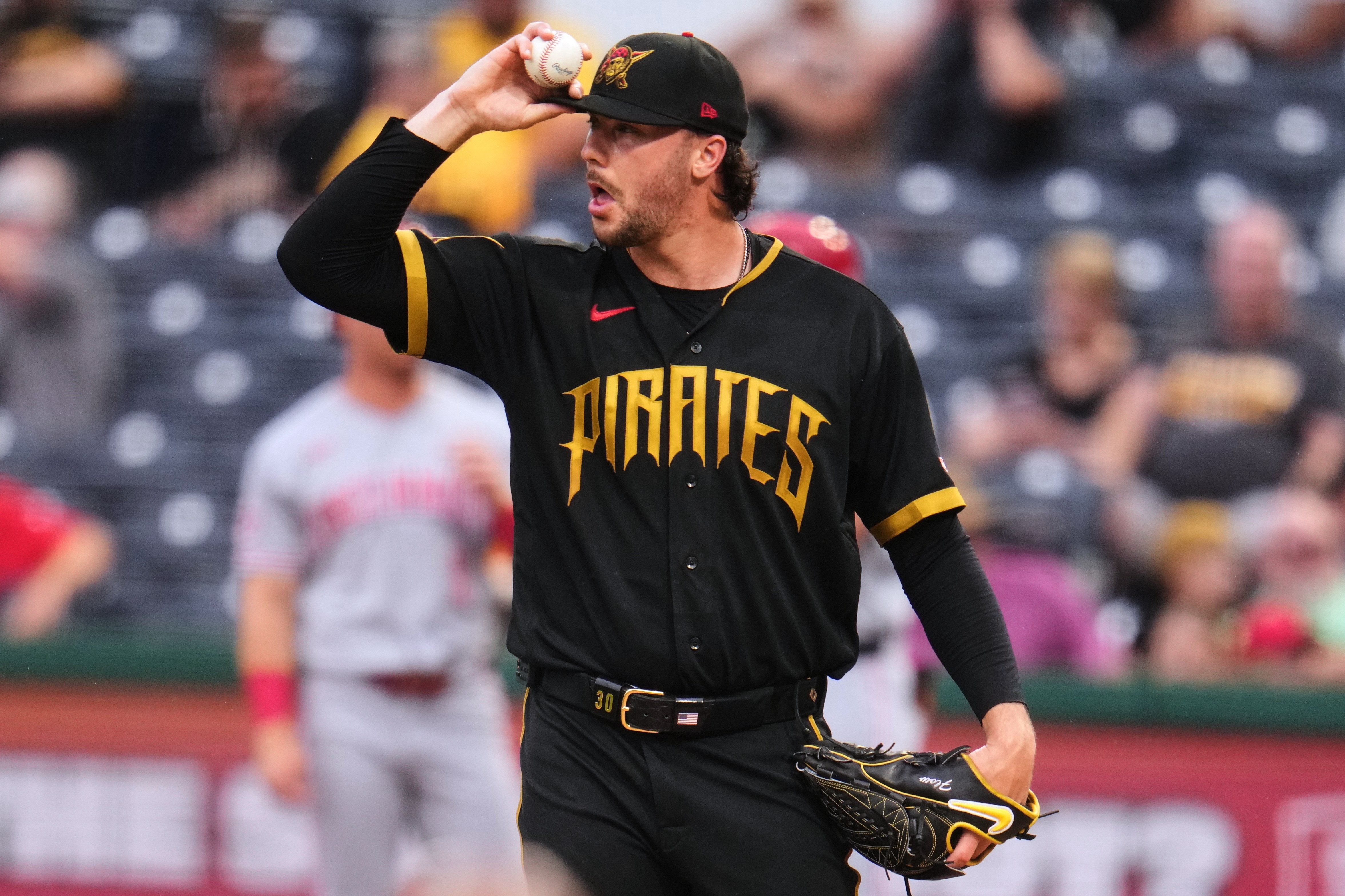 Pittsburgh Pirates pitcher Paul Skenes collects himself on the mound during the second inning of a baseball game against the Cincinnati Reds in Pittsburgh, Friday, June 26, 2026. 