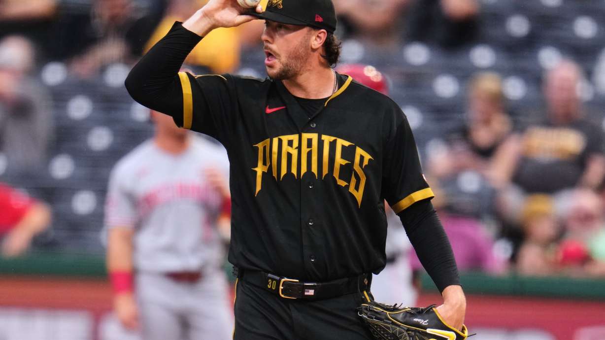 Pittsburgh Pirates pitcher Paul Skenes collects himself on the mound during the second inning of a baseball game against the Cincinnati Reds in Pittsburgh, Friday, June 26, 2026.