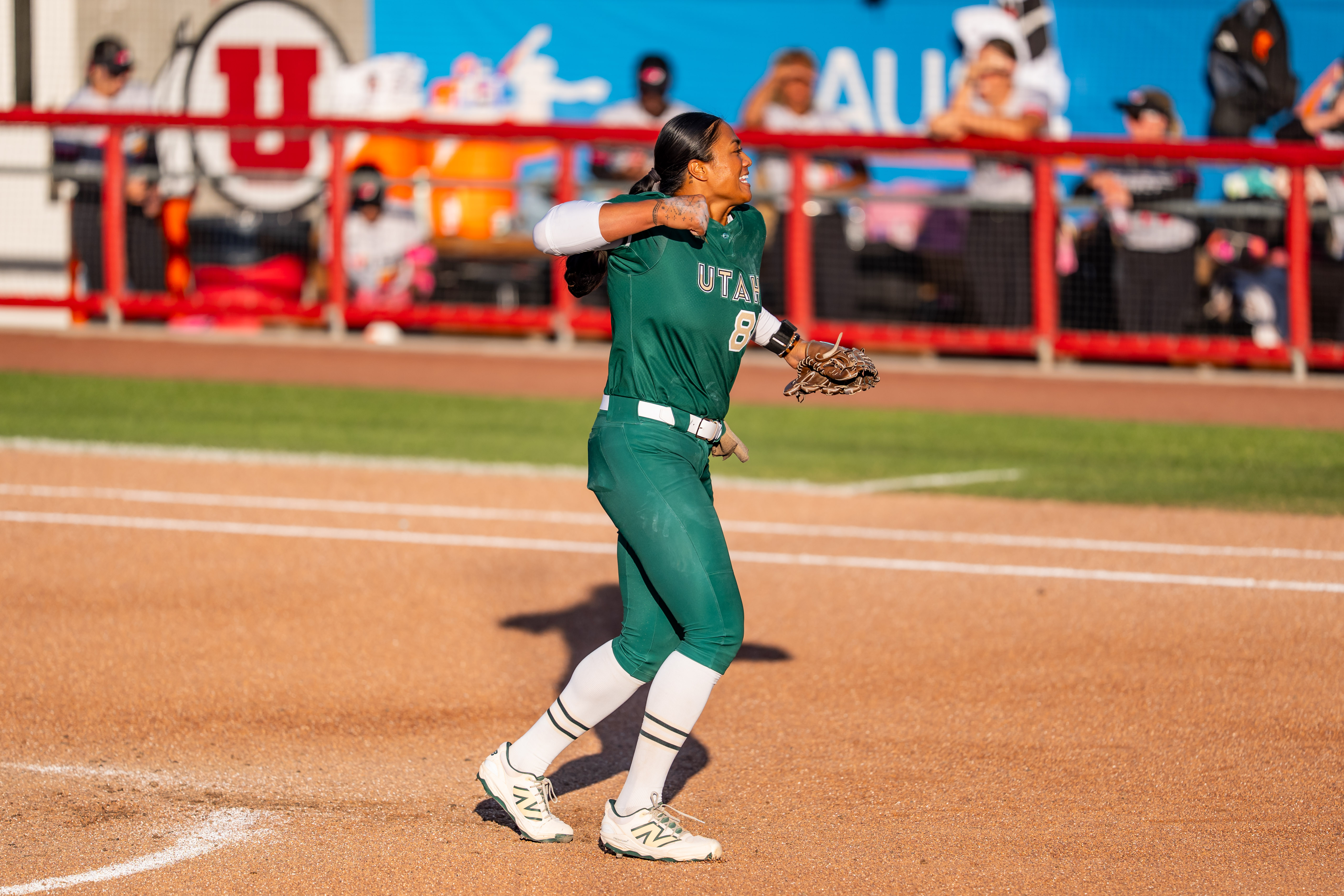 Utah Talons pitcher Megan Faraimo celebrates a strikeout during a 5-4 win over the Carolina Blaze in an Athletes Unlimited Softball League regular-season home finale, Saturday, July 4, 2026 in Salt Lake City.