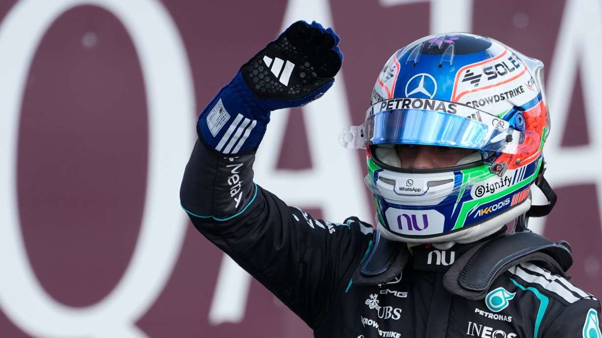 Mercedes driver Andrea Kimi Antonelli of Italy celebrates after clocked the fastest time during the qualifying session ahead of the British F1 Grand Prix, in Silverstone, England, Saturday, July 4, 2026.