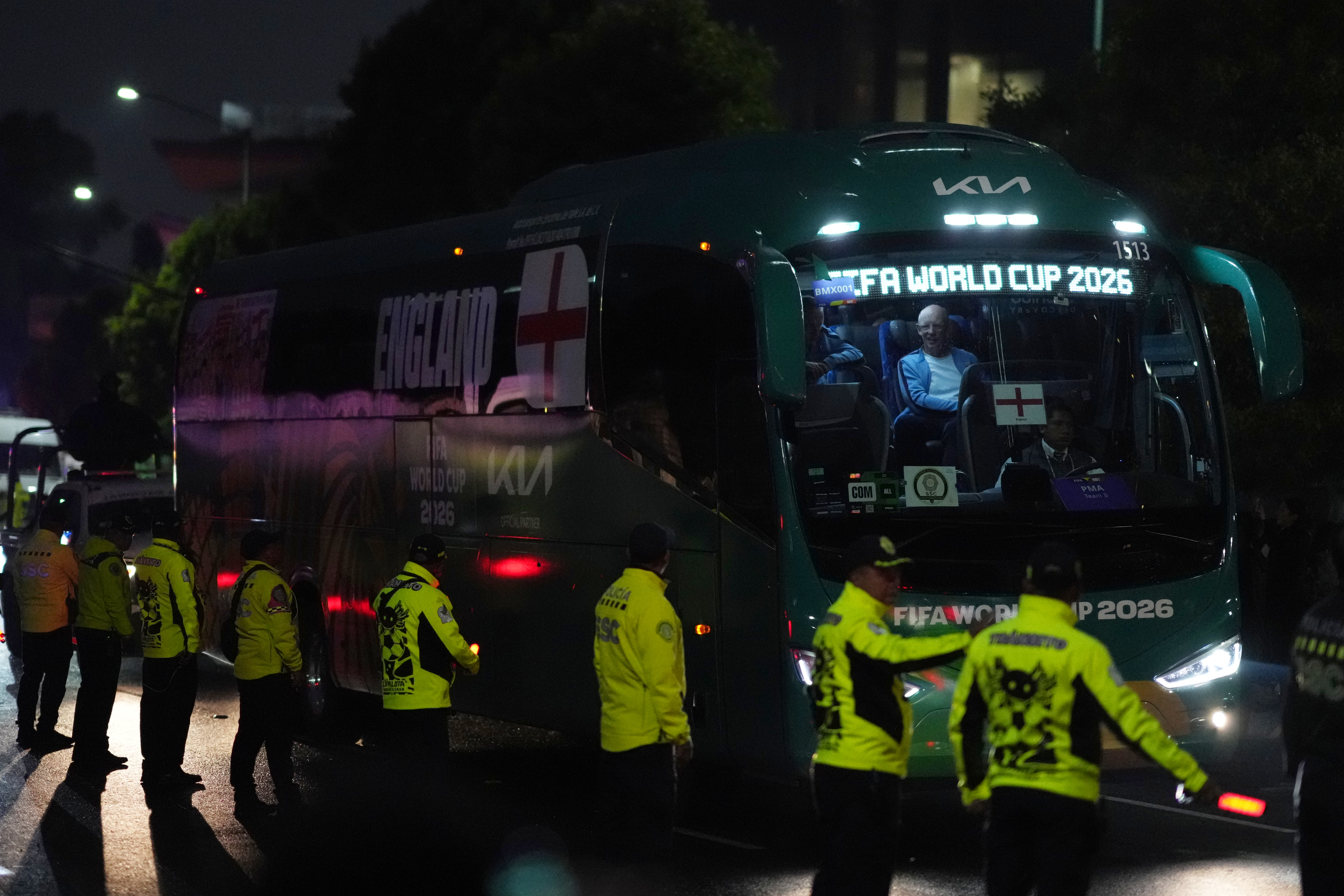 The England team bus arrives at a hotel in Mexico City ahead of England's World Cup round of 16 soccer match against Mexico, Friday, July 3, 2026. 