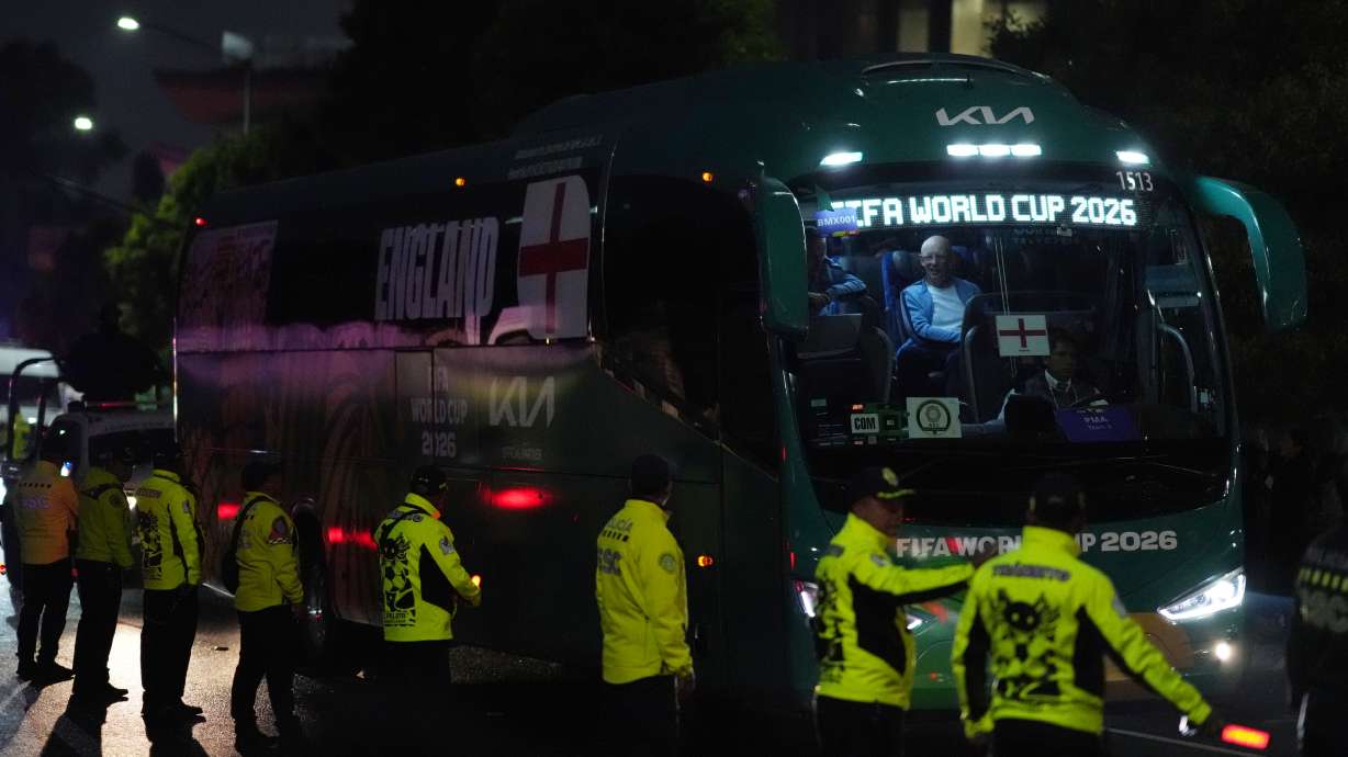 The England team bus arrives at a hotel in Mexico City ahead of England's World Cup round of 16 soccer match against Mexico, Friday, July 3, 2026.