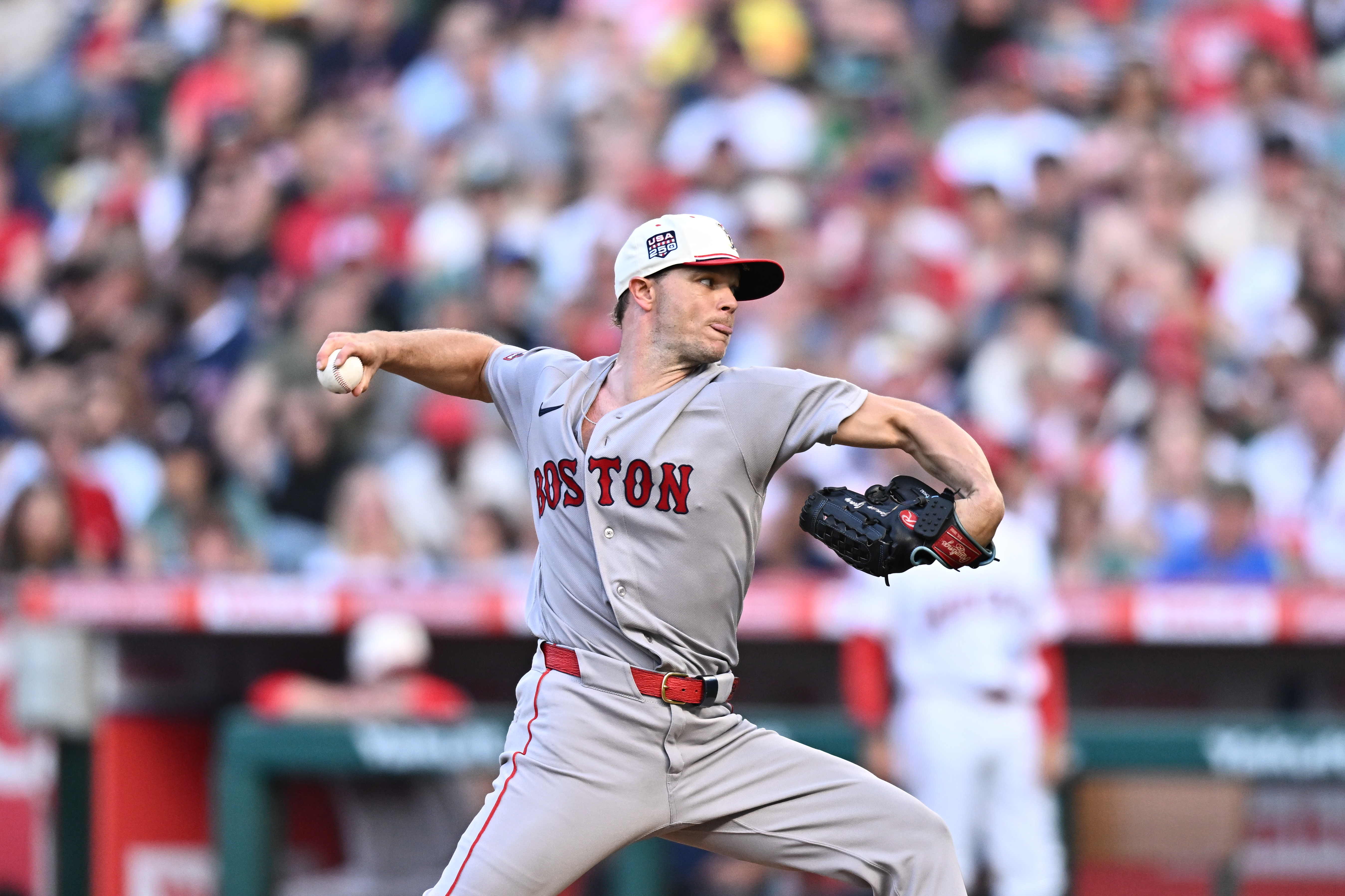 Boston Red Sox pitcher Sonny Gray delivers during the first inning of a baseball game against the Los Angeles Angels, Saturday, July 4, 2026, in Anaheim, Calif. 