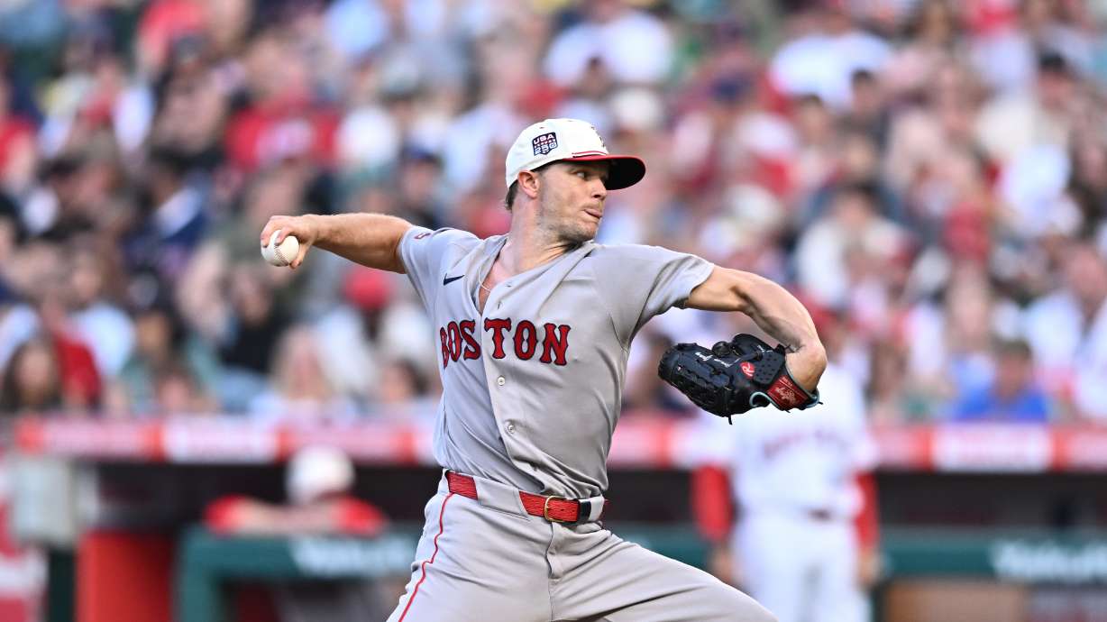 Boston Red Sox pitcher Sonny Gray delivers during the first inning of a baseball game against the Los Angeles Angels, Saturday, July 4, 2026, in Anaheim, Calif.