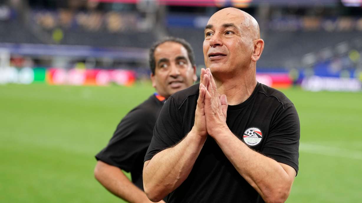 Egypt head coach Hossam Hassan reacts after winning a penalty shootout against Australia for the World Cup round of 32 soccer match in Arlington, Texas, near Dallas, Friday, July 3, 2026.