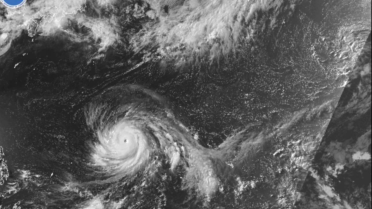 This satellite image from the National Oceanic and Atmospheric Administration shows Typhoon Bavi nearing the U.S. Pacific island territory of Guam on Sunday.
