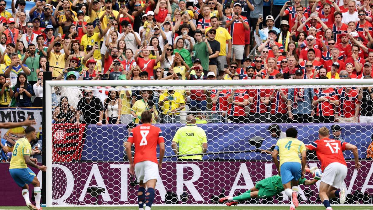 Brazil's Bruno Guimaraes (8) fails to score a penalty kick during the World Cup round of 16 soccer match between Brazil and Norway in East Rutherford, N.J., near New York, Sunday, July 5, 2026.