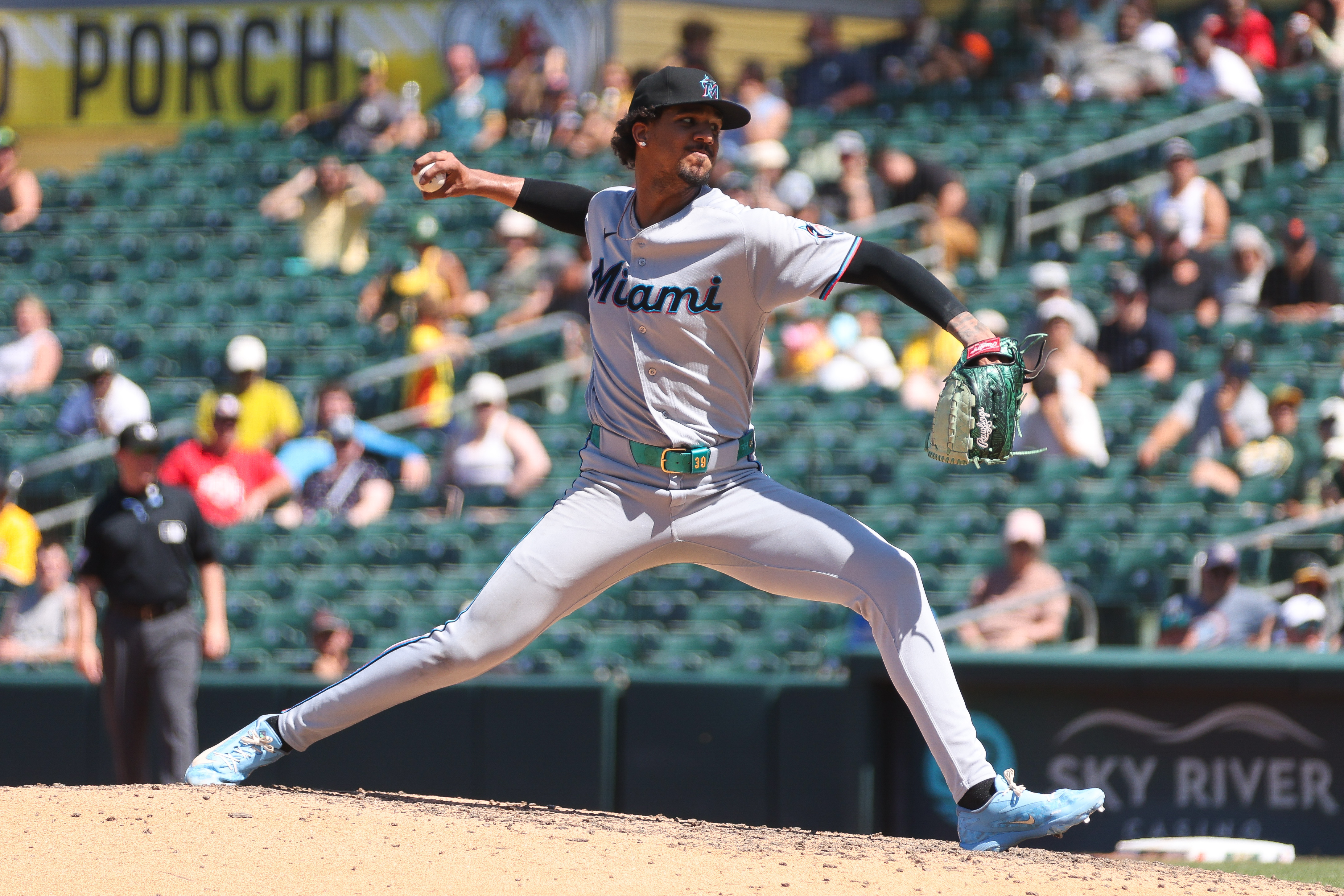 Miami Marlins pitcher Eury Pérez throws to an Athletics batter during the sixth inning of a baseball game Sunday, July 5, 2026, in West Sacramento, Calif. 