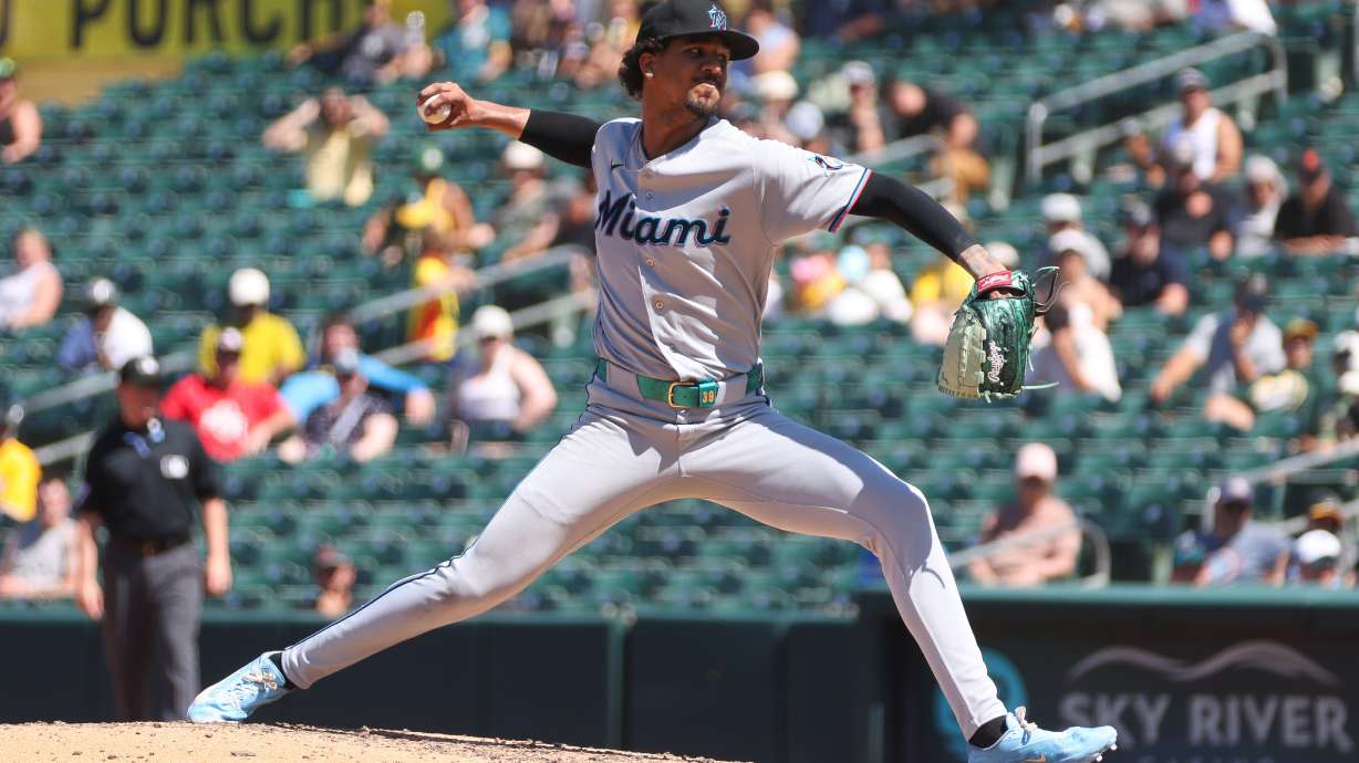 Miami Marlins pitcher Eury Pérez throws to an Athletics batter during the sixth inning of a baseball game Sunday, July 5, 2026, in West Sacramento, Calif.