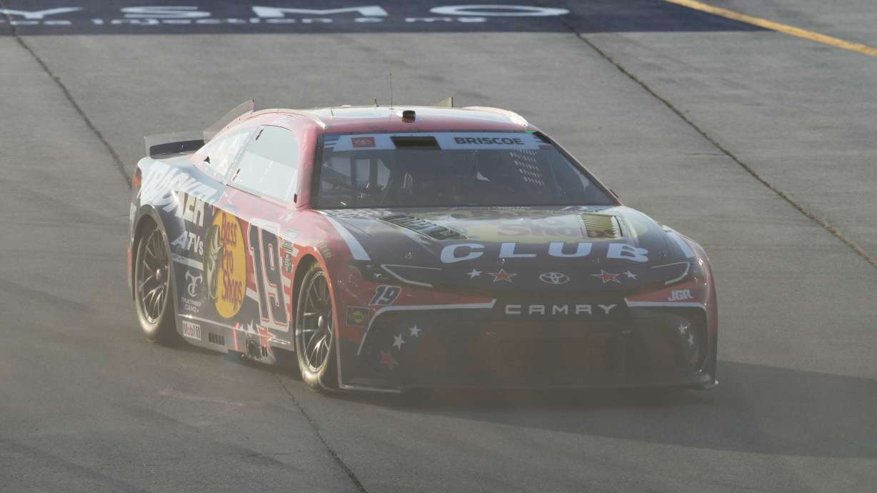 Chase Briscoe (19) drives to the track after making a pit stop during a NASCAR Cup Series auto race at Chicagoland Speedway in Joliet, Ill., Sunday, July 5, 2026.