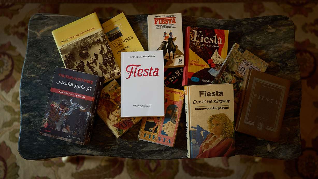 Books by Ernest Hemingway are photographed in the Ernest Hemingway Suite at the Gran Hotel La Perla in Pamplona, northern Spain, Thursday.