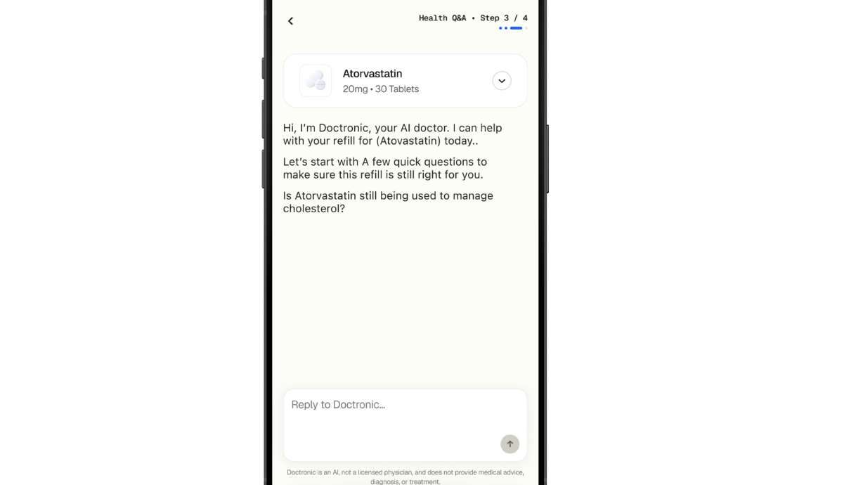 This illustration provided by Doctronic depicts the process for refilling prescriptions online with an AI chatbot on a smartphone.