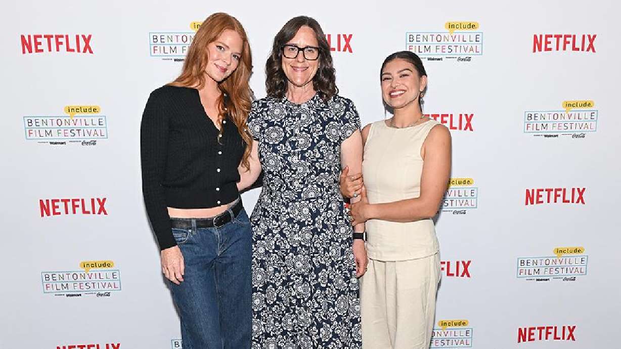 (Left to right) Actress Crosby Fitzgerald, showrunner Rebecca Sonnenshine and actress Alyssa Wapanatâhk attend "Little House on the Prairie" screening event during the 12th Annual Bentonville Film Festival led by Geena Davis on June 21 in Bentonville, Arkansas.
