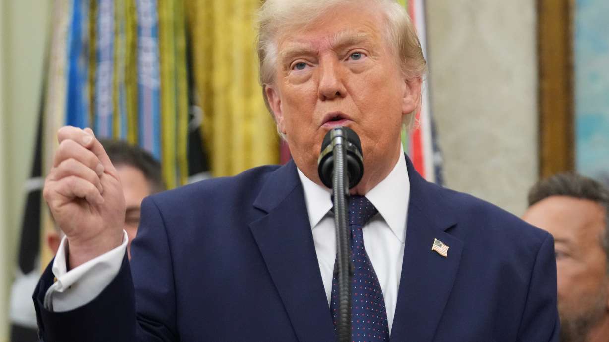 President Donald Trump speaks about FIFA after ringing the opening bell for the New York Stock Exchange and the Nasdaq in the Oval Office at the White House, Monday, July 6, 2026, in Washington.