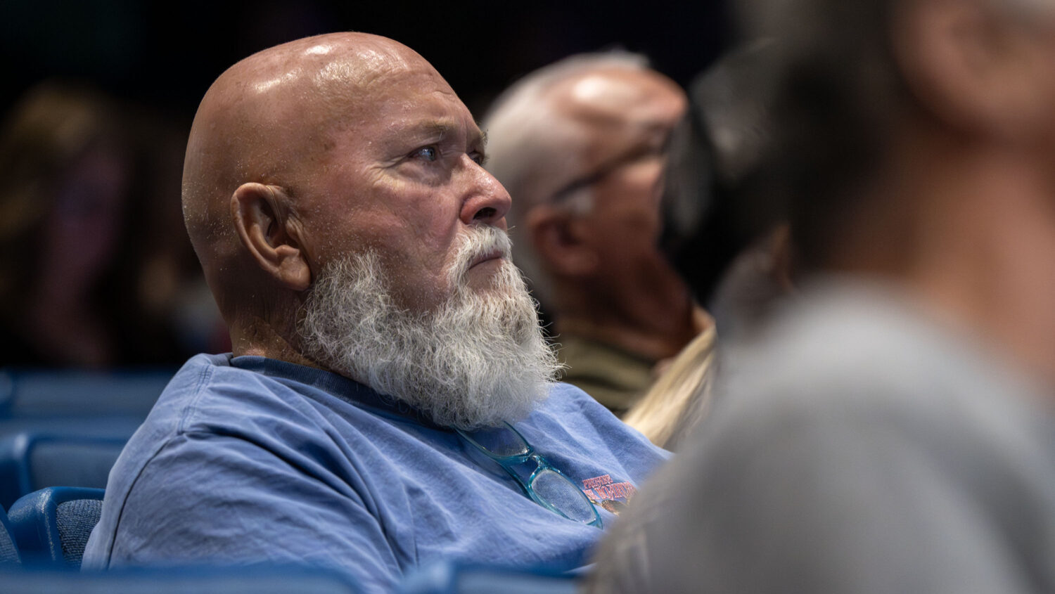Steven Acerson and other residents attend a community meeting at Beaver High School discussing the Cottonwood Fire burning on the mountains east of Beaver on Monday, June 29.