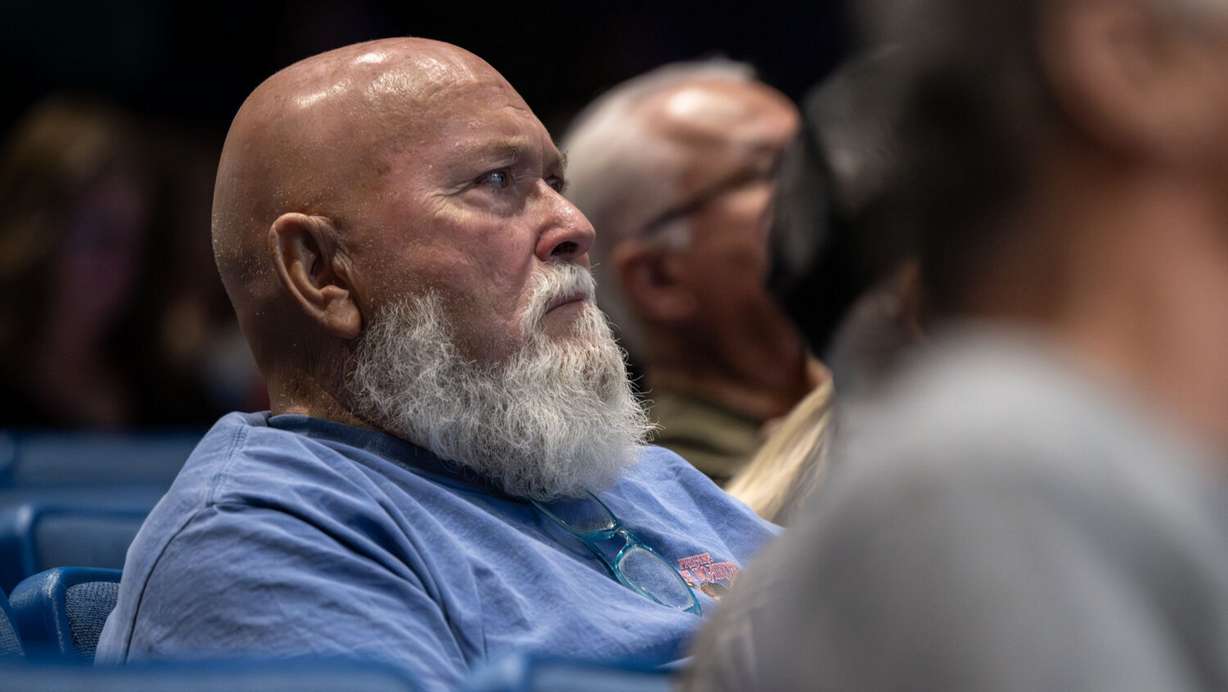 Steven Acerson and other residents attend a community meeting at Beaver High School discussing the Cottonwood Fire burning on the mountains east of Beaver on Monday, June 29.