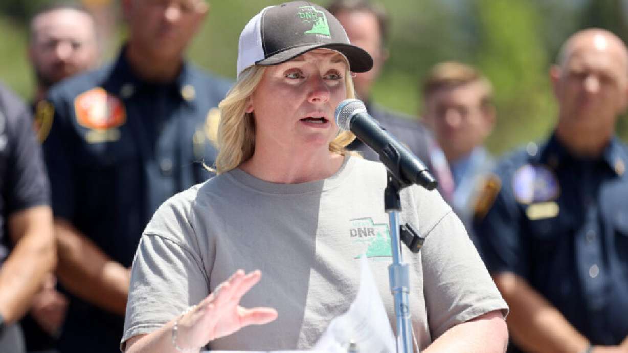 Jamie Barnes, Utah Department of Natural Resources Division of Forestry, Fire and State Lands director, speaks at a press conference about current wildfire conditions near the Bonneville Fire burn scar in Salt Lake City on Thursday, June 25, 2026.
