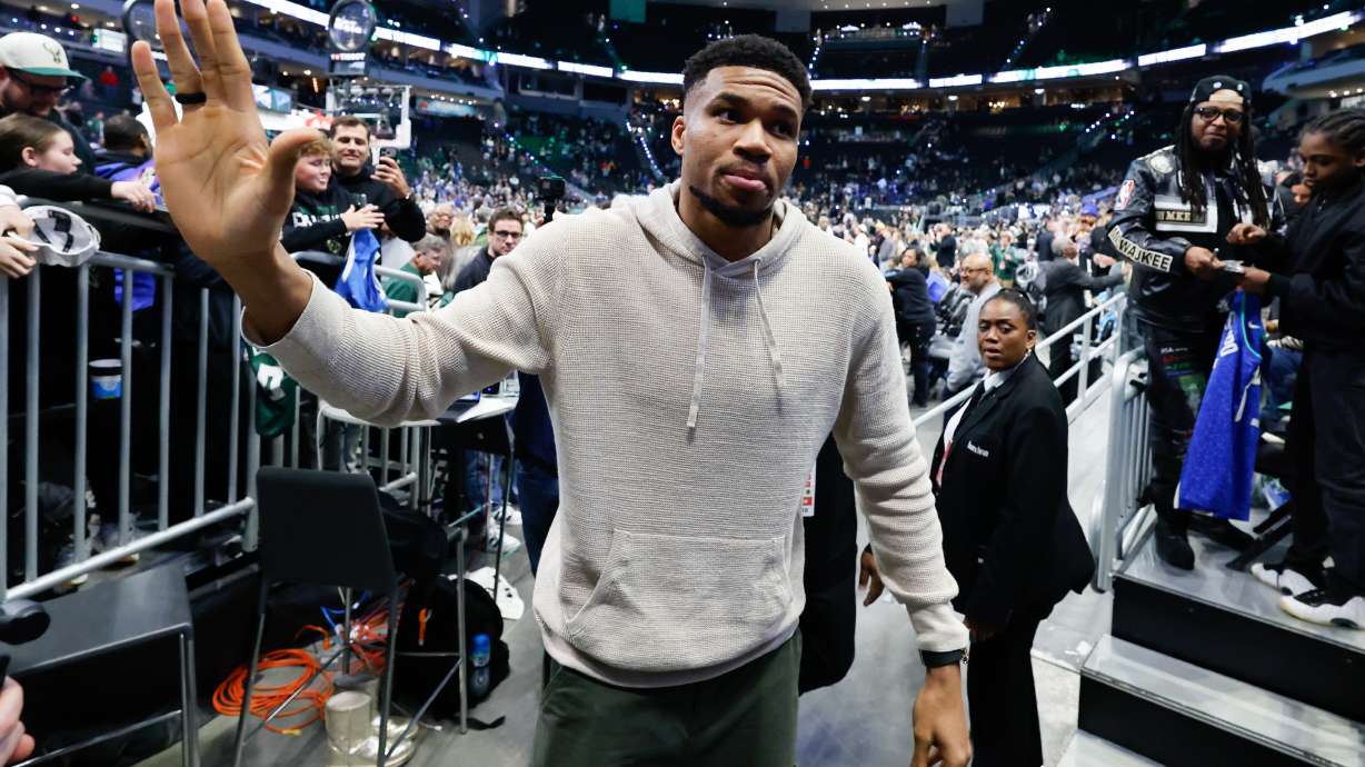 FILE - Milwaukee Bucks forward Giannis Antetokounmpo walks off the court after an NBA basketball game against the Brooklyn Nets, Friday, April 10, 2026, in Milwaukee.