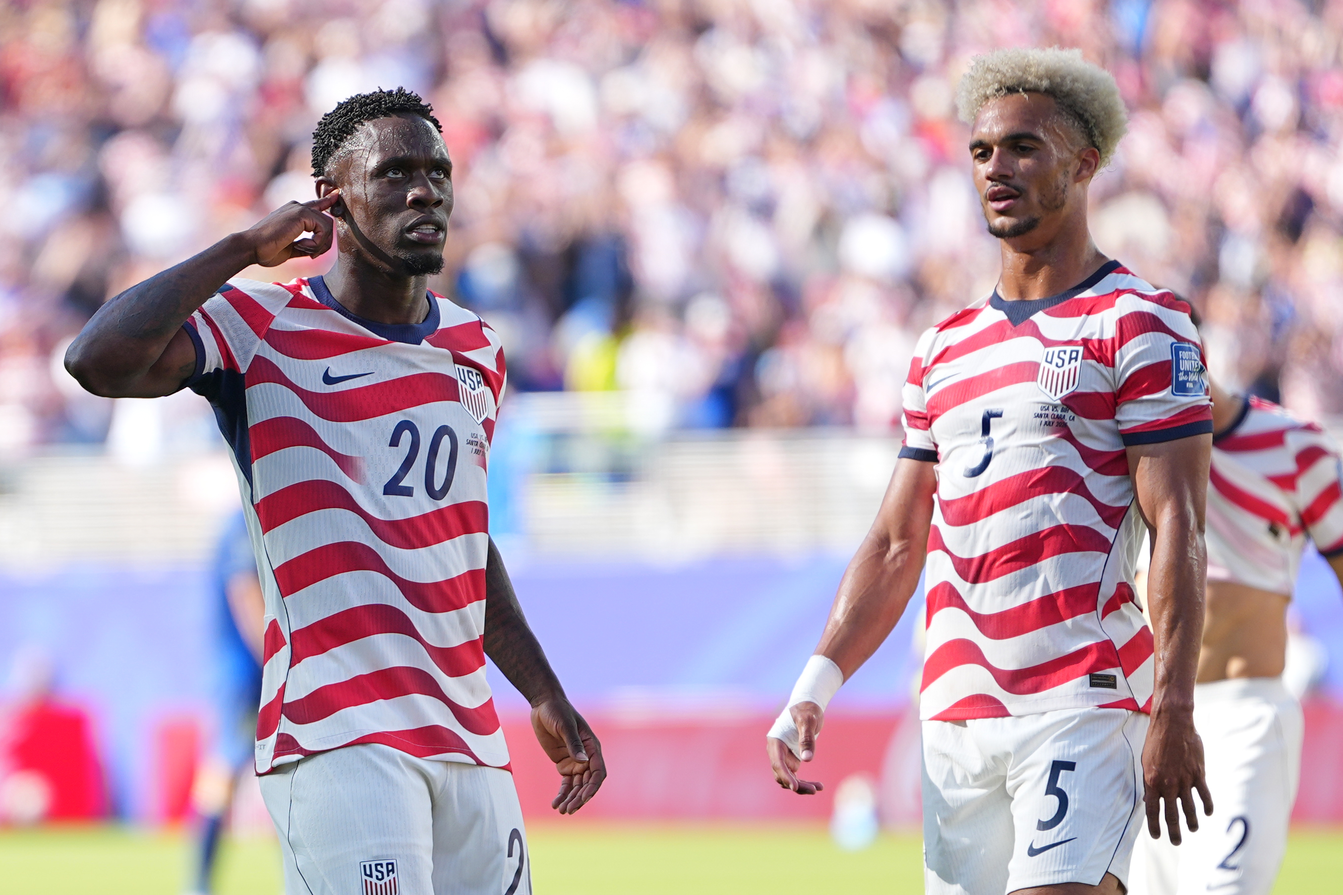 United States' Folarin Balogun (20) reacts after scoring his team's first goal during the World Cup round of 32 soccer match between the United States and Bosnia in Santa Clara, Calif., near San Francisco, Wednesday, July 1, 2026. 