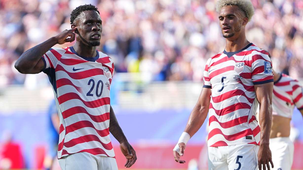 United States' Folarin Balogun (20) reacts after scoring his team's first goal during the World Cup round of 32 soccer match between the United States and Bosnia in Santa Clara, Calif., near San Francisco, Wednesday, July 1, 2026.