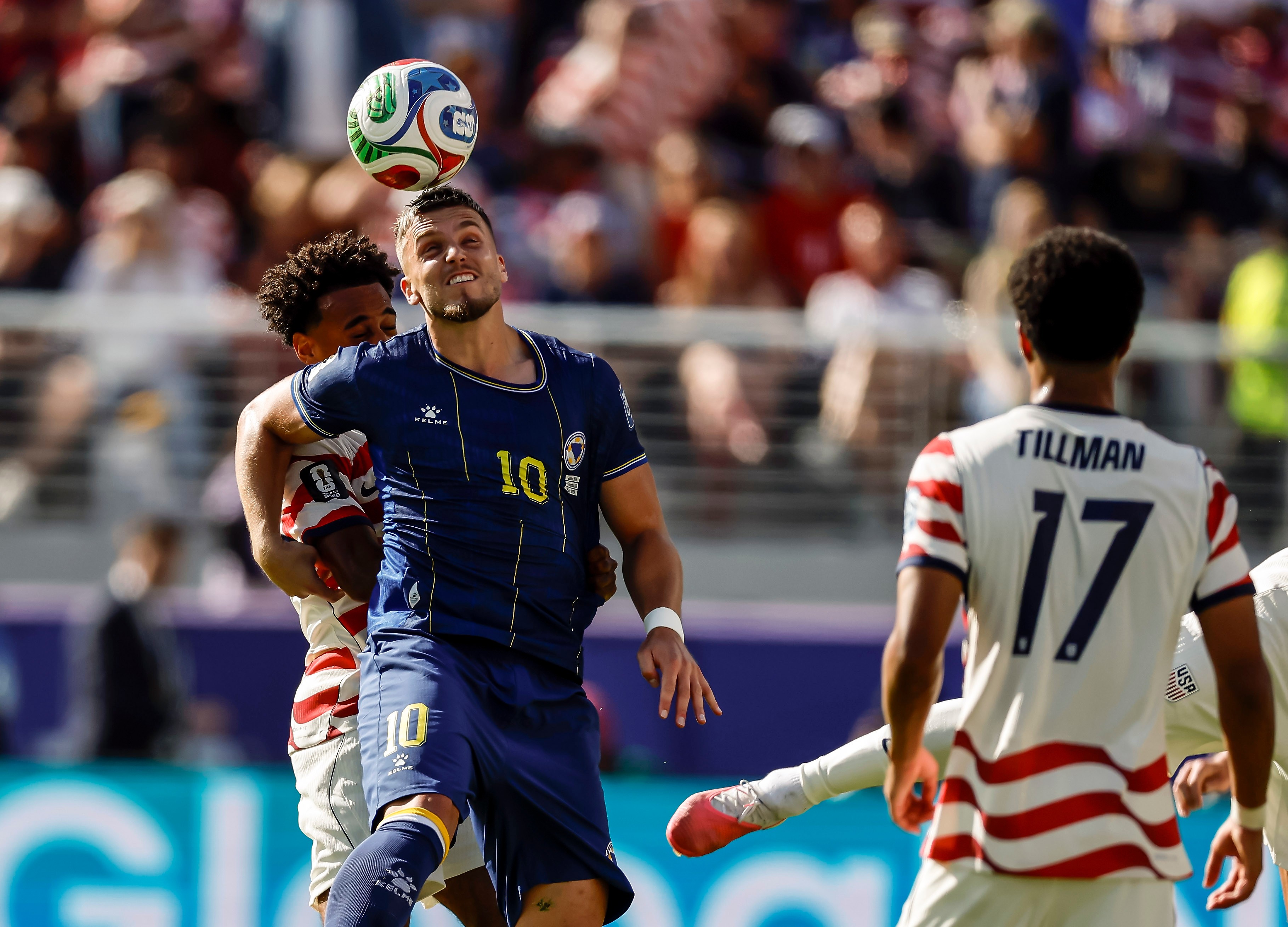 Bosnia and Herzegovina's Ermedin Demirovic (10) heads the ball in the first half of a 2026 FIFA World Cup Round of 32 match against the United States at Levi's Stadium in Santa Clara, Calif., near San Francisco, Wednesday, July 1, 2026. 