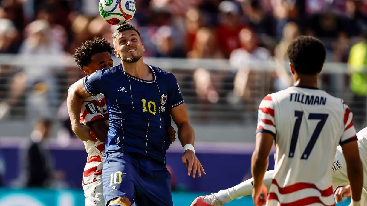 Bosnia and Herzegovina's Ermedin Demirovic (10) heads the ball in the first half of a 2026 FIFA World Cup Round of 32 match against the United States at Levi's Stadium in Santa Clara, Calif., near San Francisco, Wednesday, July 1, 2026.