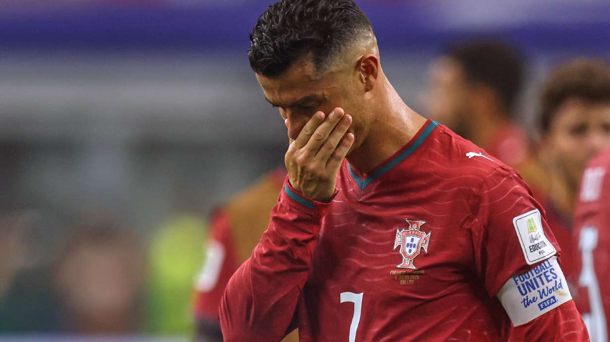 Portugal's Cristiano Ronaldo (7) reacts after the World Cup round of 16 soccer match between Portugal and Spain in Arlington, Texas, near Dallas, Monday, July 6, 2026.