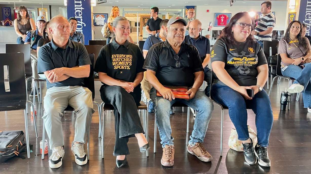 The Utah Royals will host activities geared to the soccer team's Latino fanbase at an Aug. 2 game. From left, Dustin Dehlin, Kiki Solano, Salvador Lazalde and Utah Sen. Luz Escamilla announced the plans on Monday.