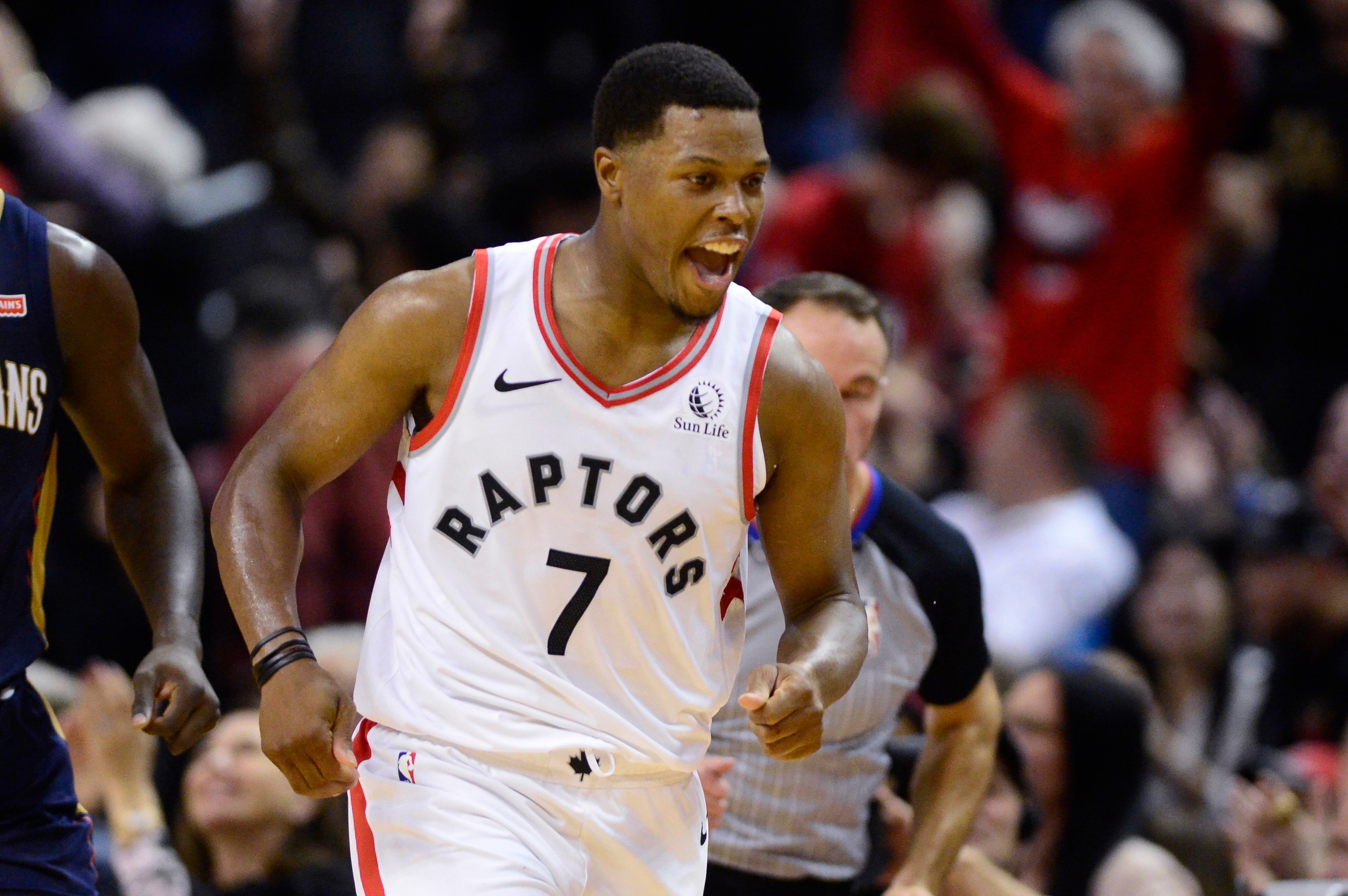 FILE - Toronto Raptors guard Kyle Lowry celebrates his 3-point basket against the New Orleans Pelicans during overtime in an NBA basketball game Tuesday, Oct. 22, 2019, in Toronto. 