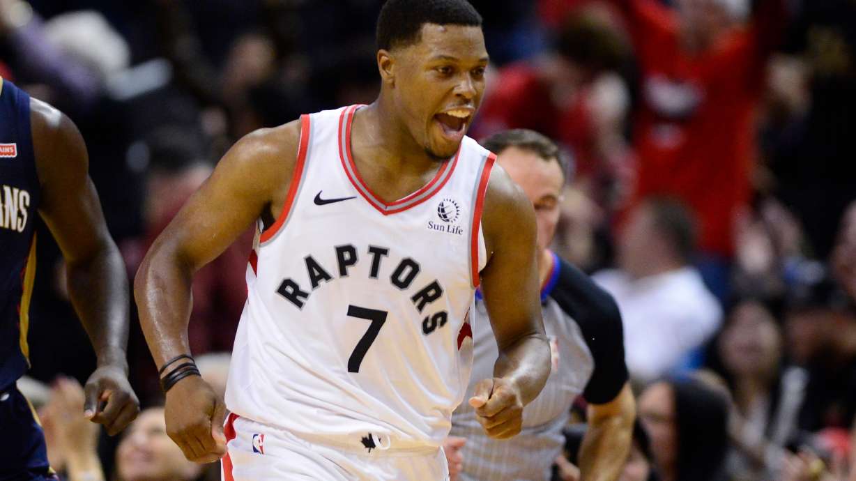 FILE - Toronto Raptors guard Kyle Lowry celebrates his 3-point basket against the New Orleans Pelicans during overtime in an NBA basketball game Tuesday, Oct. 22, 2019, in Toronto.