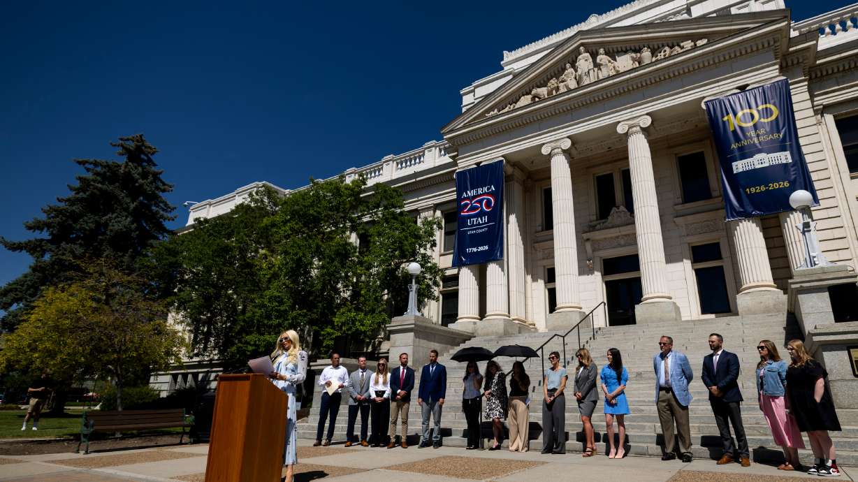 Paris Hilton speaks during a press conference about recent allegations of abuse at the Provo Canyon School outside of the Provo Historic Courthouse in Provo on June 15.