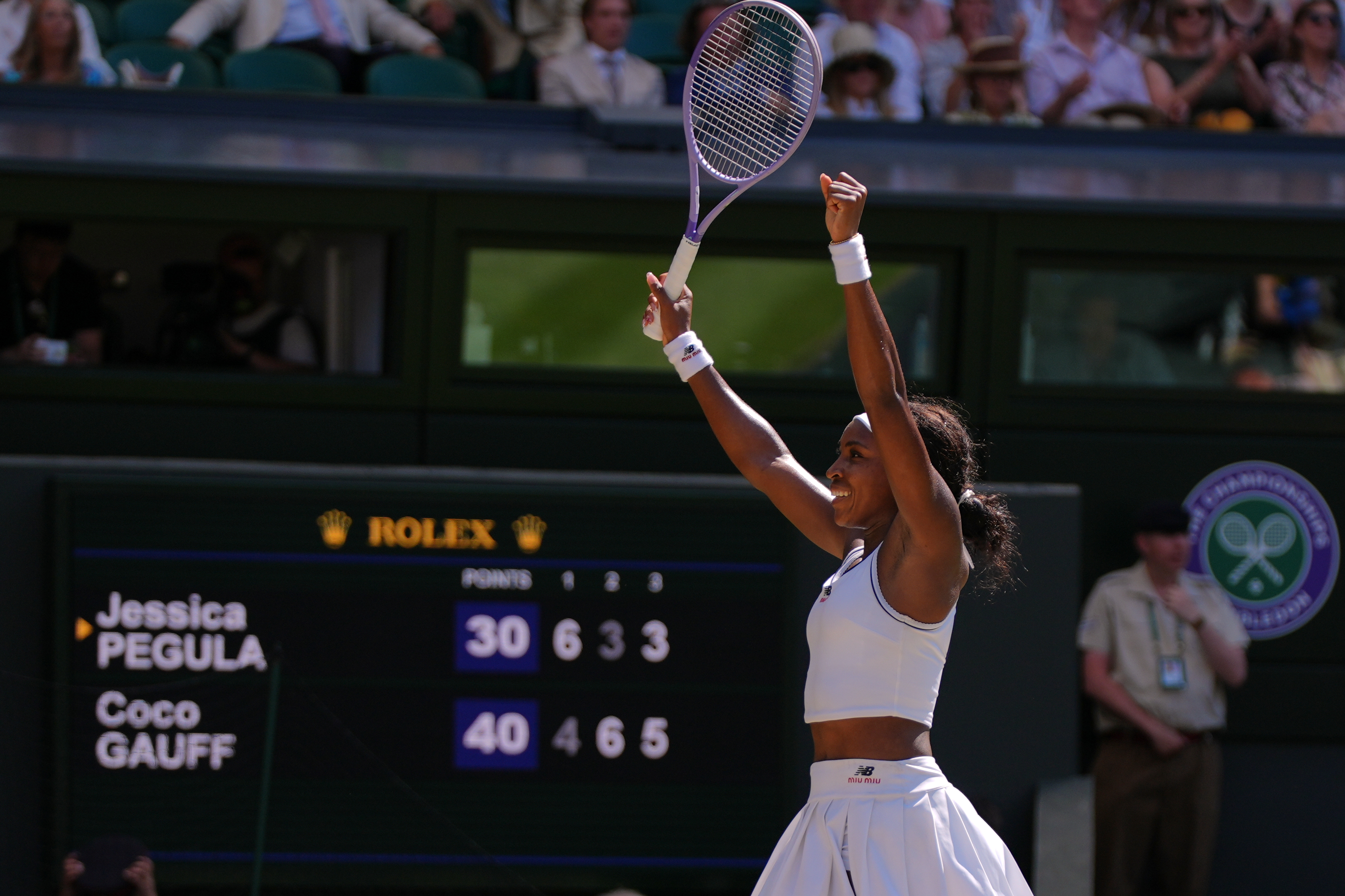 Coco Gauff of the United States celebrates winning the women's singles quarter-final match against Jessica Pegula of the United States at the Wimbledon Tennis Championships in London, Tuesday, July 7, 2026.