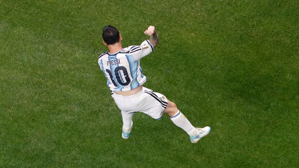 Argentina's Lionel Messi celebrates after scoring his side's second goal during the World Cup round of 16 soccer match between Argentina and Egypt in Atlanta, Tuesday, July 7, 2026.