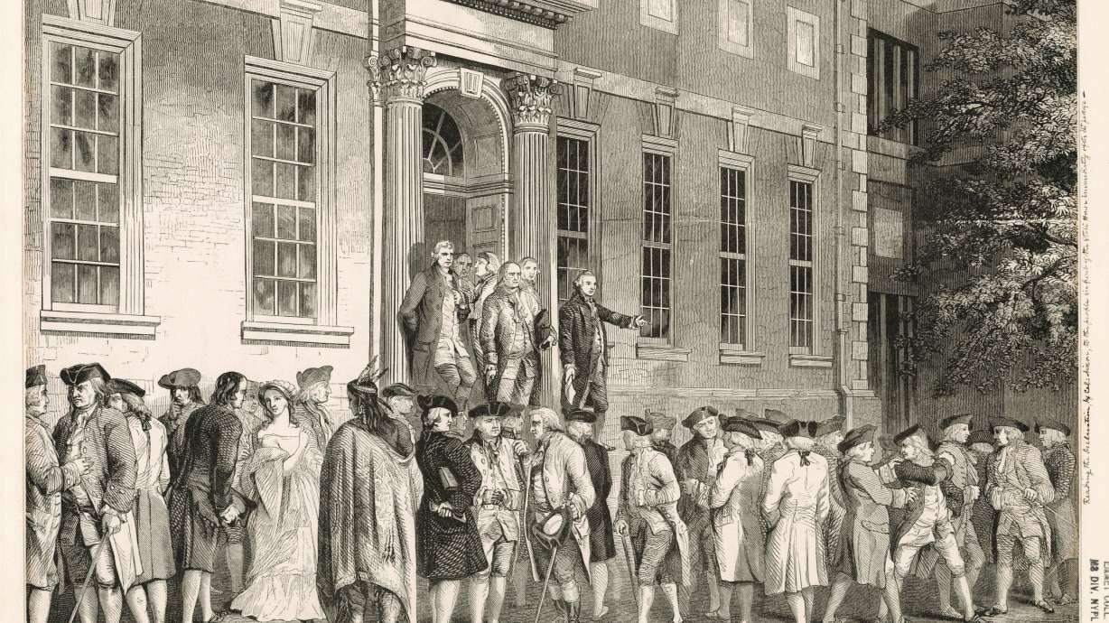 John Nixon reading the Declaration of Independence to the people in front of the State House immediately after its passage.