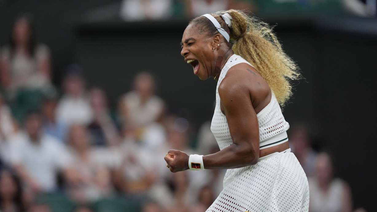 Serena Williams of the United States celebrates winning a point against Maya Joint of Australia in their first round women's singles match at the Wimbledon Tennis Championships in London, Tuesday, June 30, 2026.