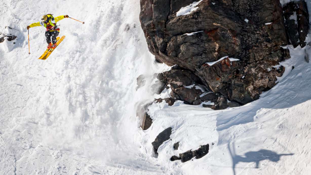 Andrew Pollard from the U.S. competes during the men's ski event at the Verbier Xtreme Freeride World Tour finals on the Bec des Rosses mountain near Verbier, Switzerland, March 23, 2021.