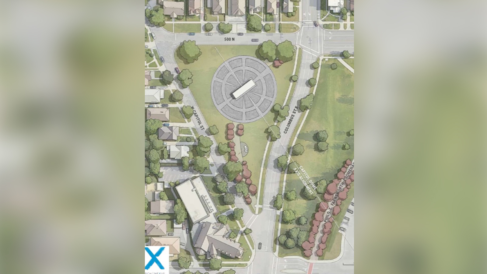 This rendering shows the proposed location for the Grand Liberty Arch monument northwest of the Utah Capitol.