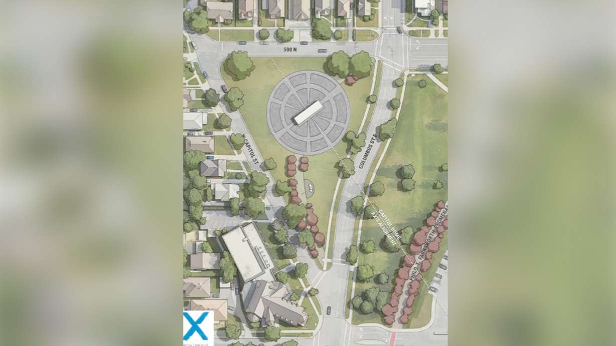 This rendering shows the proposed location for the Grand Liberty Arch monument northwest of the Utah Capitol.