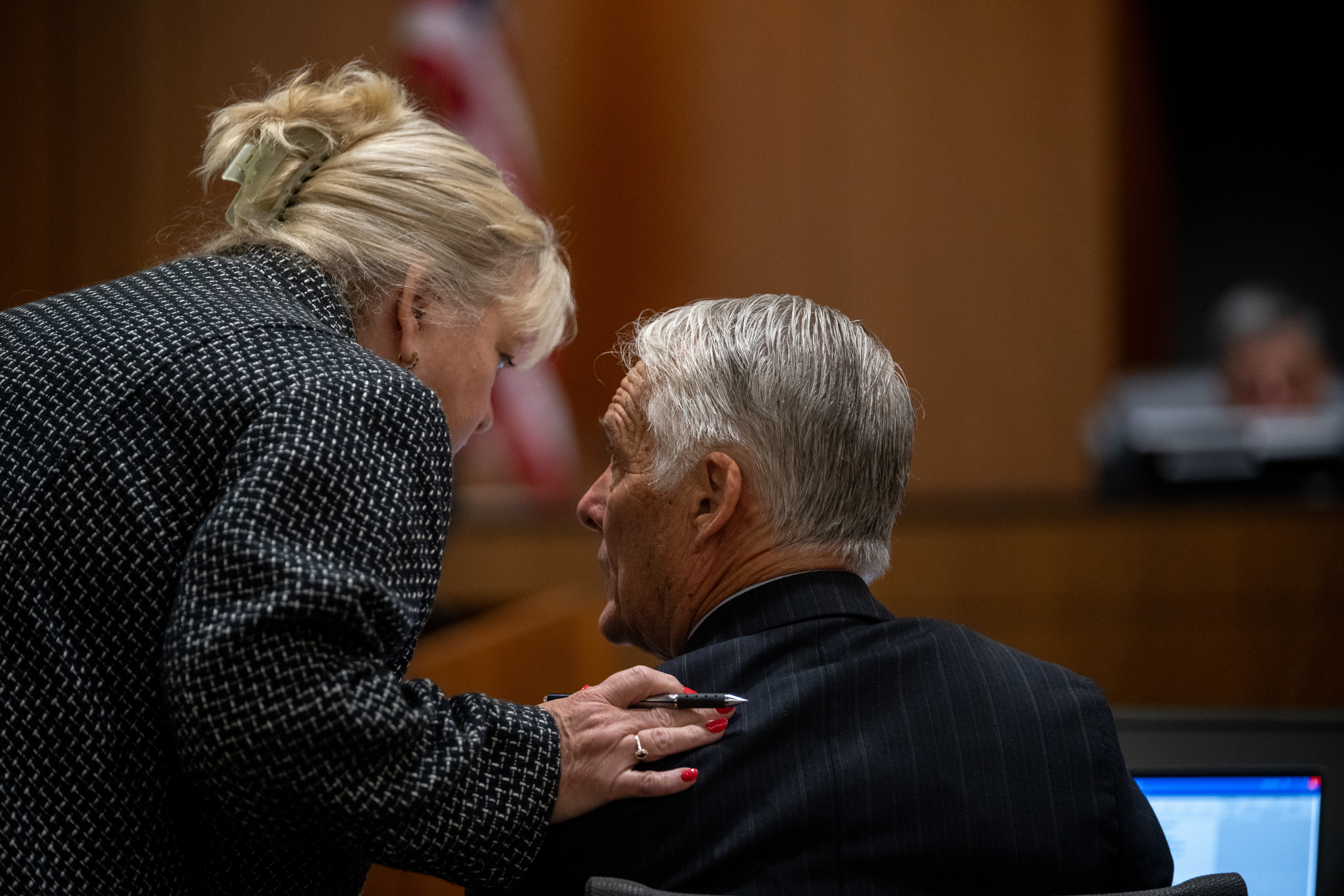 Defense attorneys Kathryn Nester and Michael Burt confer during a preliminary hearing in 4th District Court for Tyler Robinson, the Utah man accused of fatally shooting Charlie Kirk, in Provo on Tuesday.
