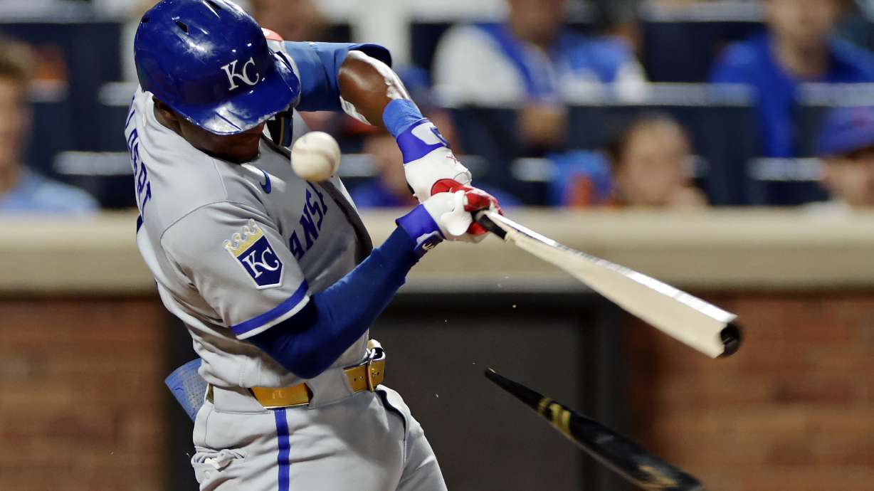 Kansas City Royals' Tyler Tolbert breaks his bat on a foul ball during the fifth inning of a baseball game against the New York Mets, Tuesday, July 7, 2026, in New York.