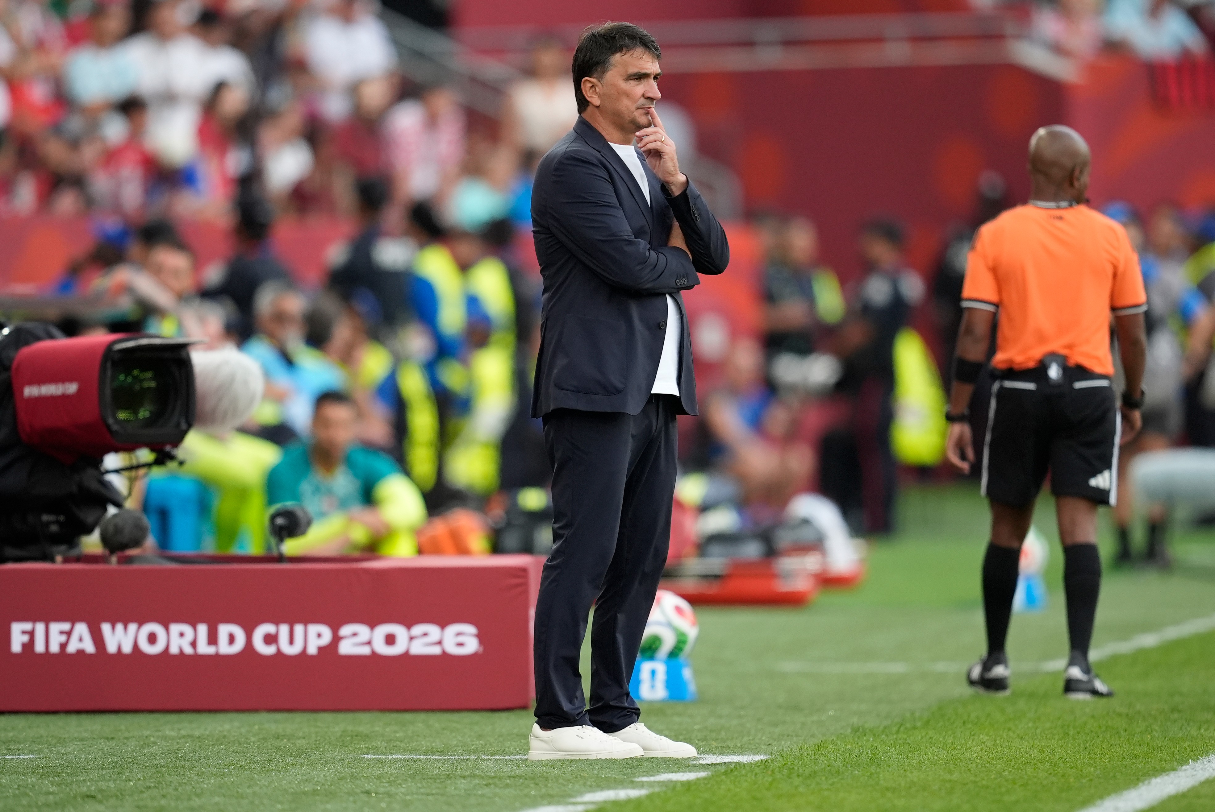 Croatia head coach Zlatko Dalic looks on during the World Cup round of 32 soccer match between Portugal and Croatia in Toronto, Thursday, July 2, 2026. 