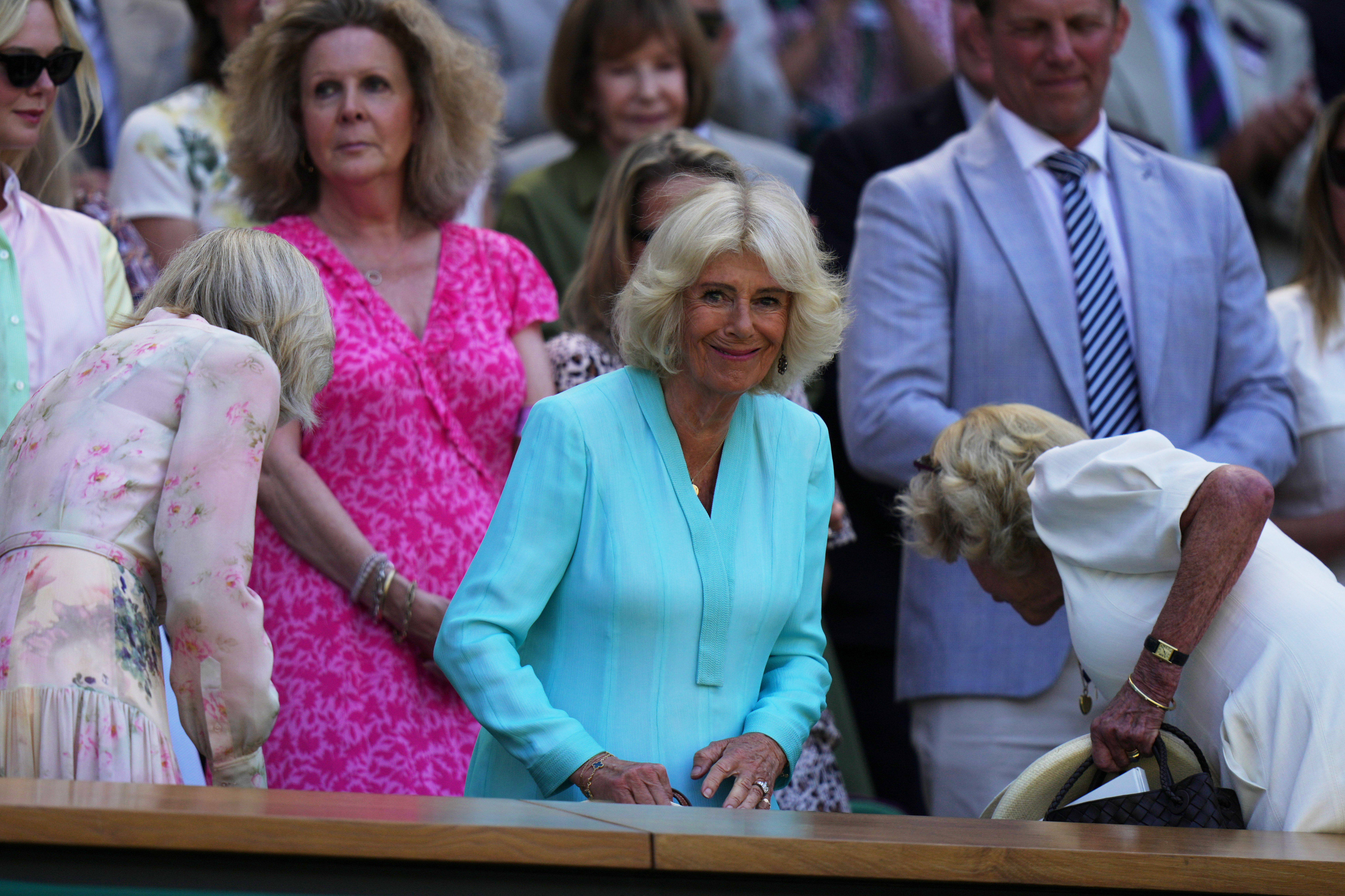 Britain's Queen Camilla arrives to the royal box on day 10 of the Wimbledon Tennis Championships in London, Wednesday, July 8, 2026. 