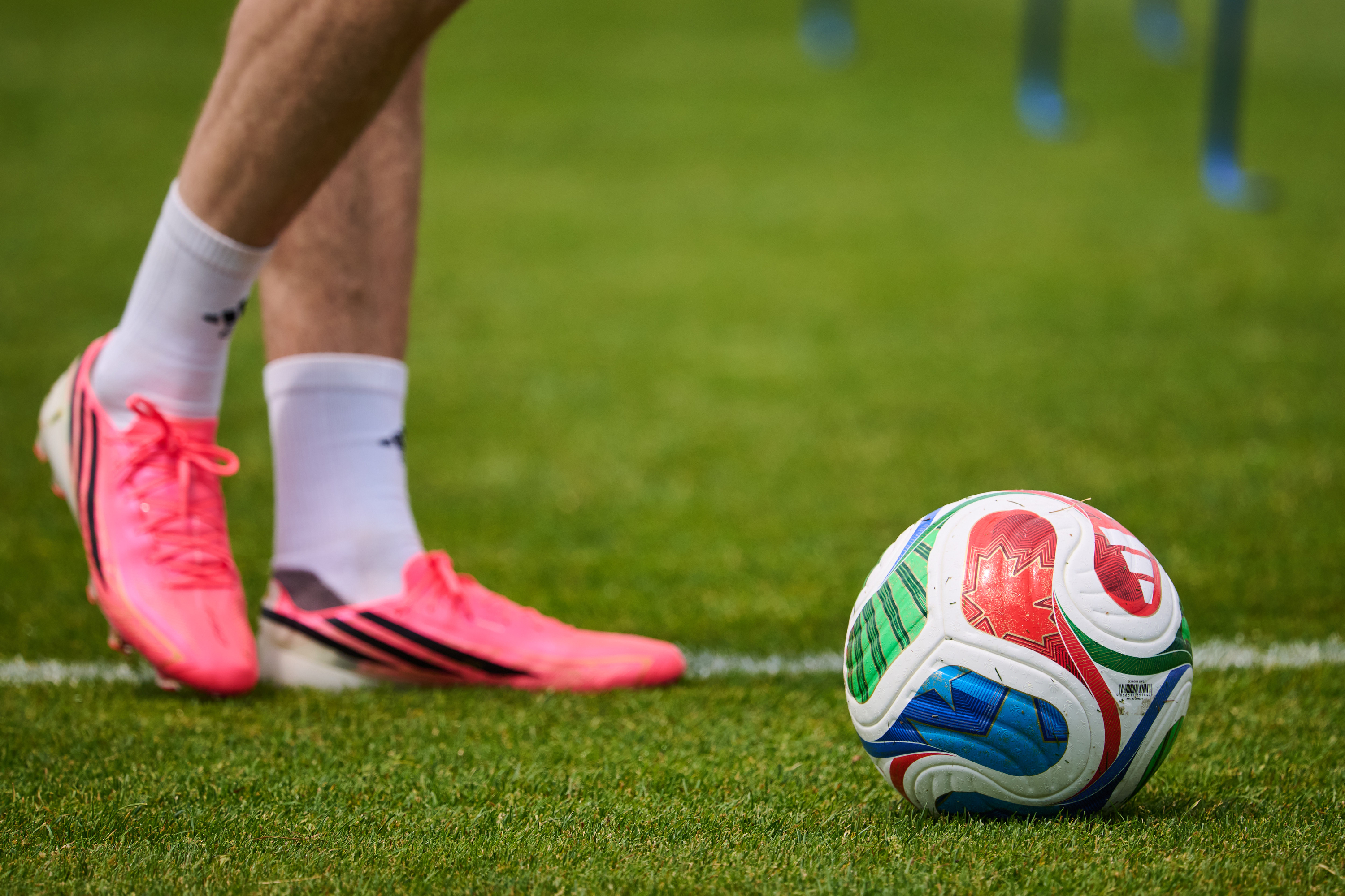 A Canadian flag is seen on a FIFA soccer ball during a World Cup soccer training session in Toronto, Tuesday, June 9, 2026. 