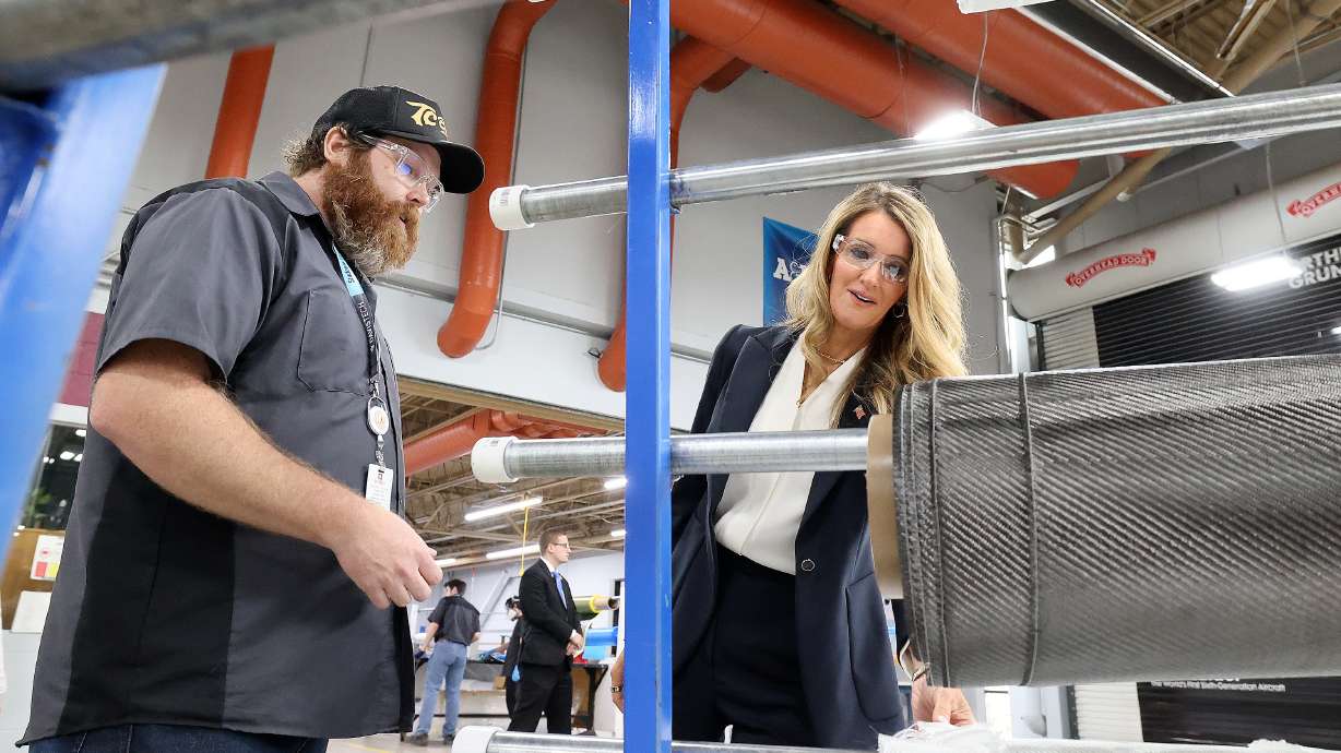 Joshua Putnam talks to Kelly Loeffler, administrator of the U.S. Small Business Administration, at Davis Technical College in Kaysville on May 13, 2025. Small businesses are set for a financing boost through a new rule that went into effect July 4.