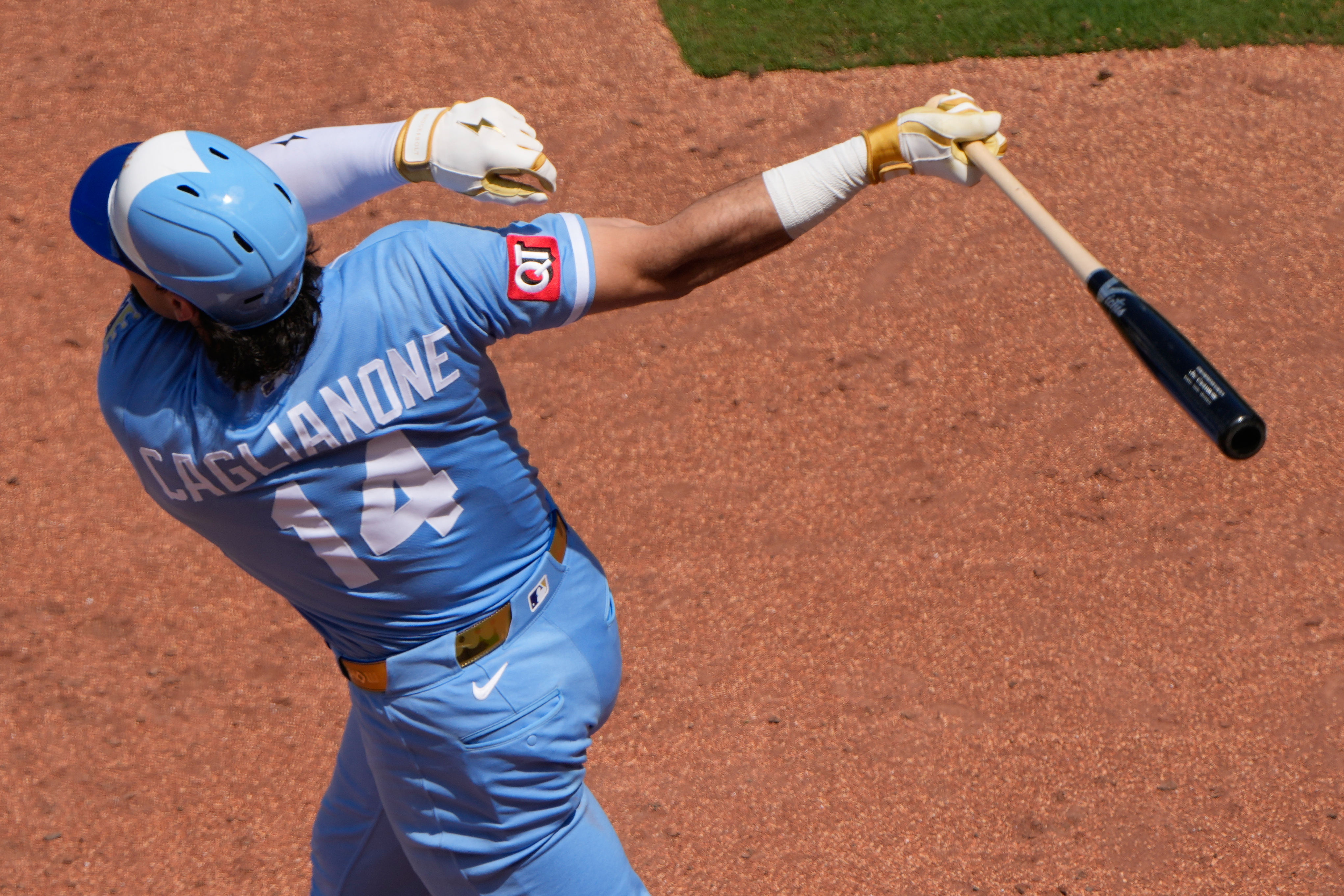 Kansas City Royals' Jac Caglianone watches his sacrifice fly to score one run during the fifth inning of a baseball game against the Philadelphia Phillies, Sunday, July 5, 2026, in Kansas City, Mo. 