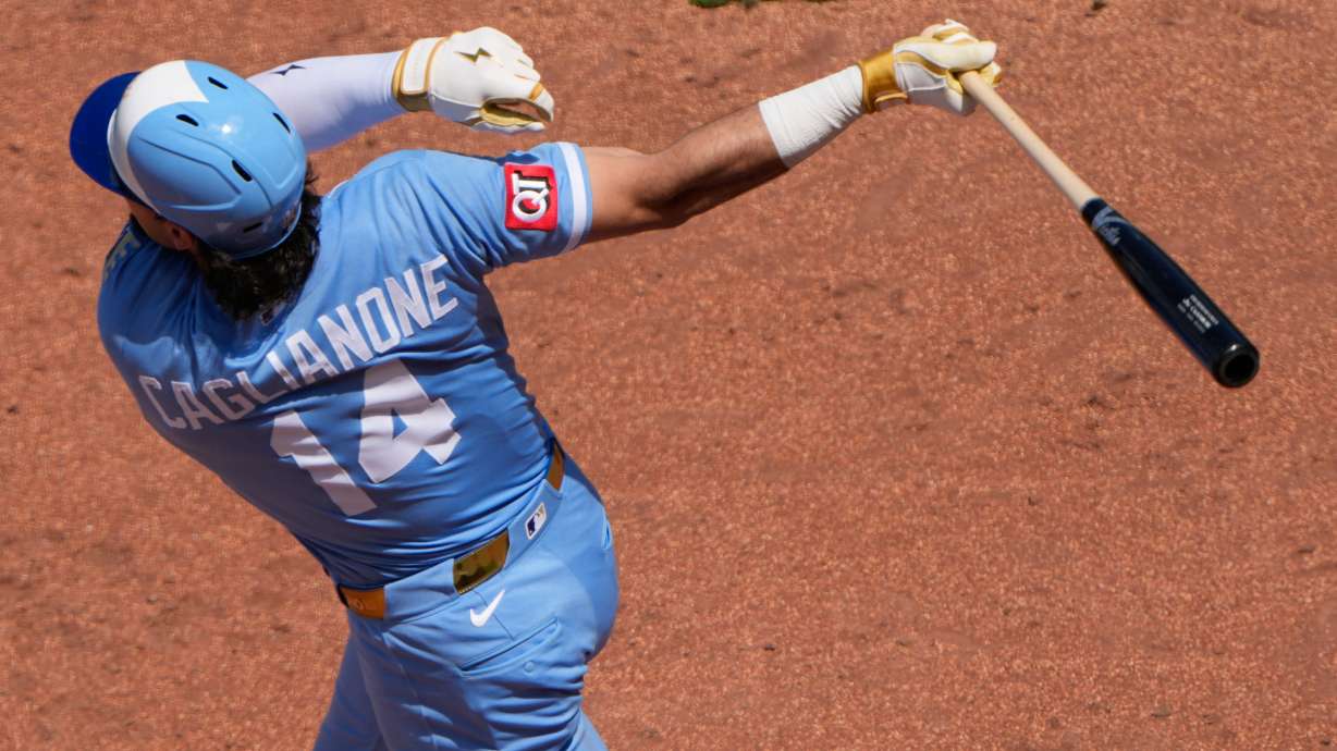 Kansas City Royals' Jac Caglianone watches his sacrifice fly to score one run during the fifth inning of a baseball game against the Philadelphia Phillies, Sunday, July 5, 2026, in Kansas City, Mo.