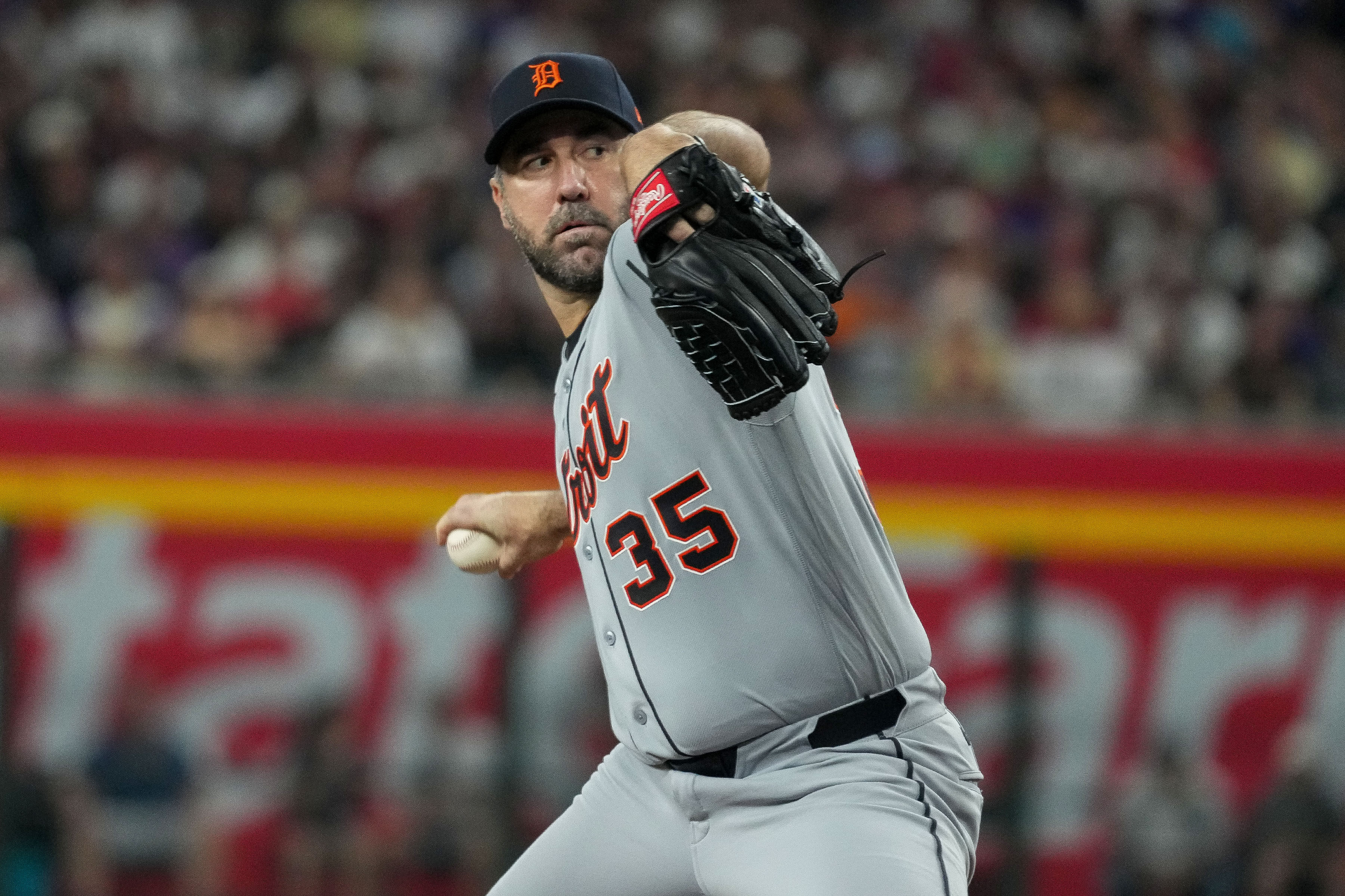 FILE - Detroit Tigers pitcher Justin Verlander works against the Arizona Diamondbacks during the first inning of an opening-day baseball game Monday, March 30, 2026, in Phoenix. 